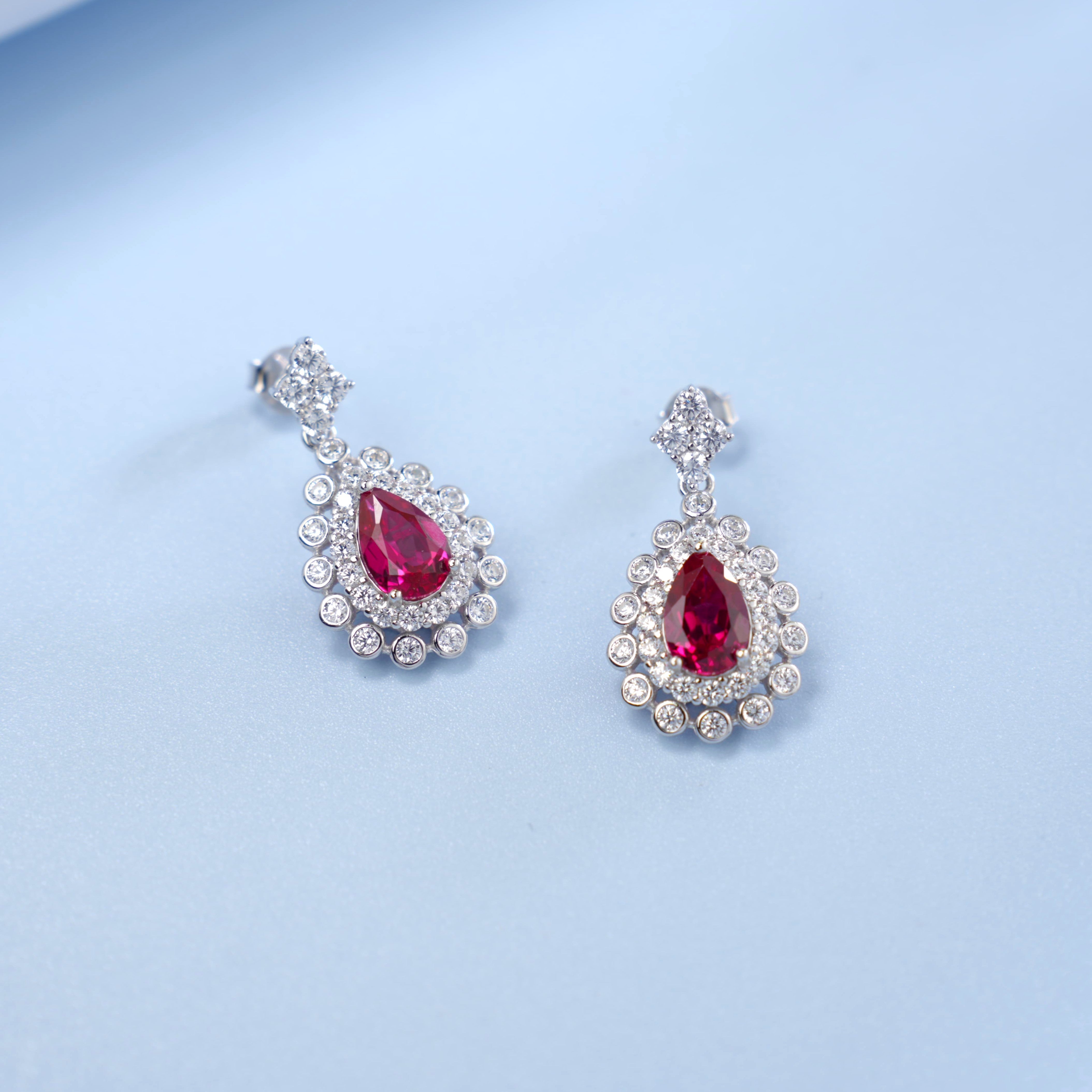 Lab-Grown Ruby - Teardrop Crimson Diamond-Cluster Dangle Earrings