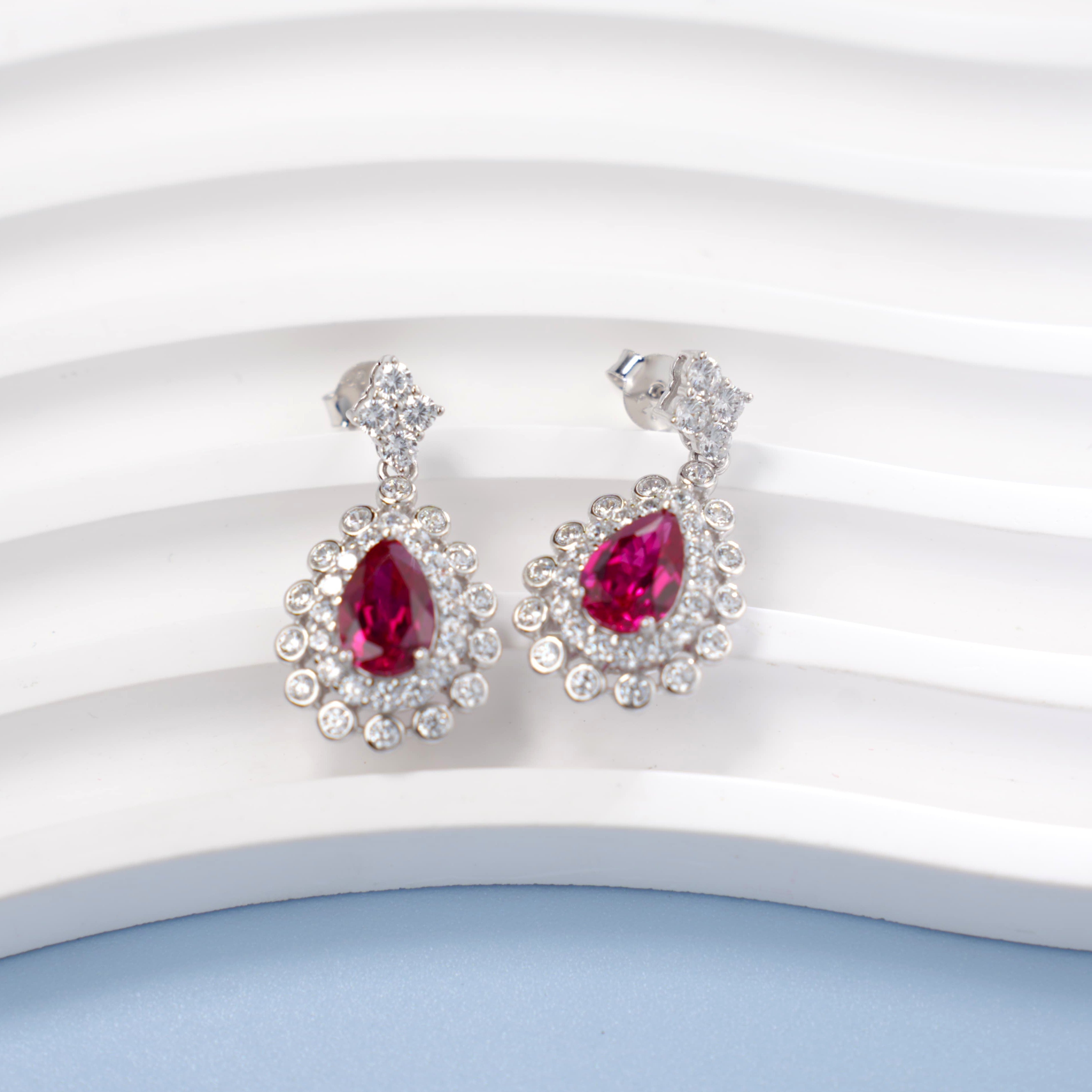 Lab-Grown Ruby - Teardrop Crimson Diamond-Cluster Dangle Earrings