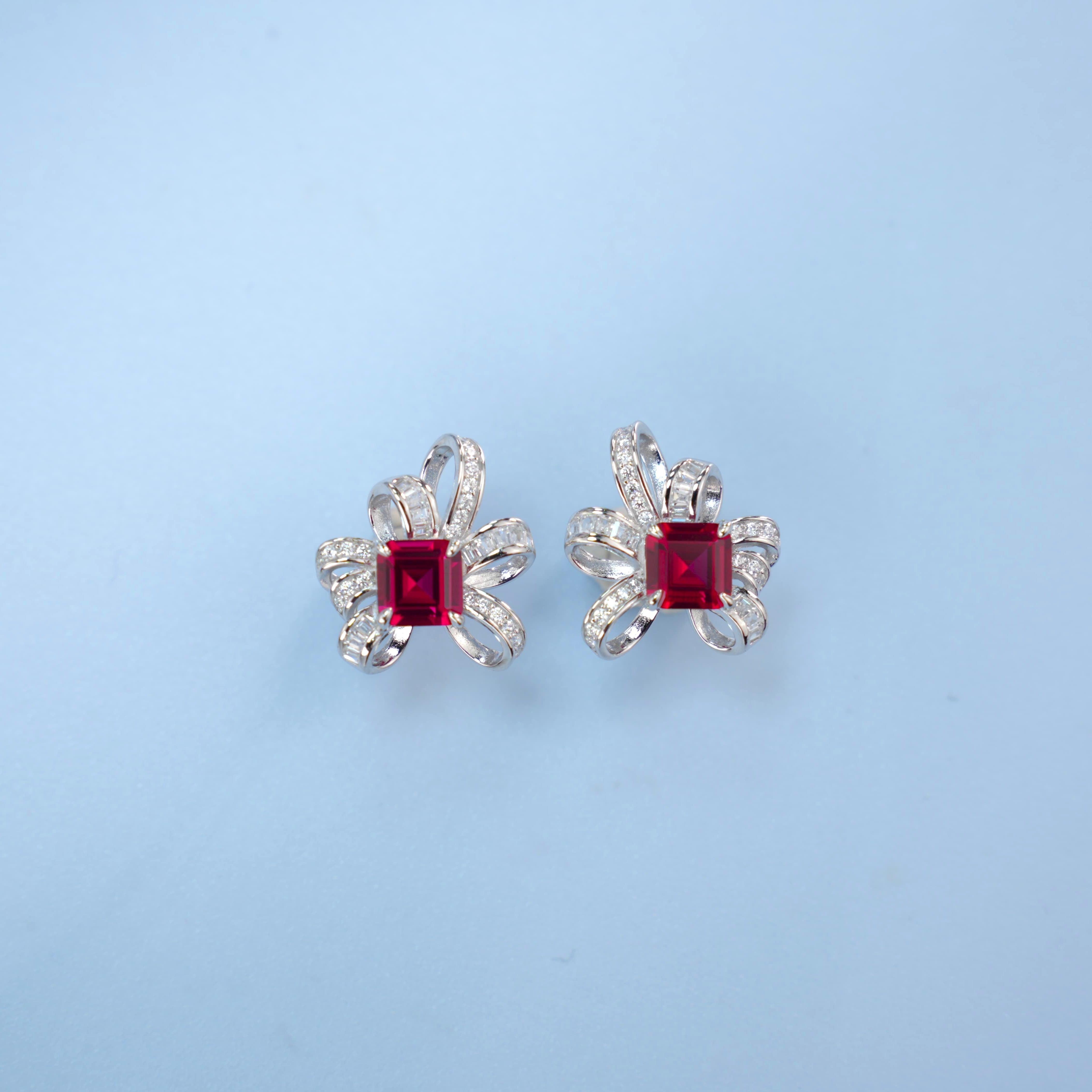 Lab-Grown Ruby - Square Crimson Satin-Knot Diamond-Wrapped Earrings
