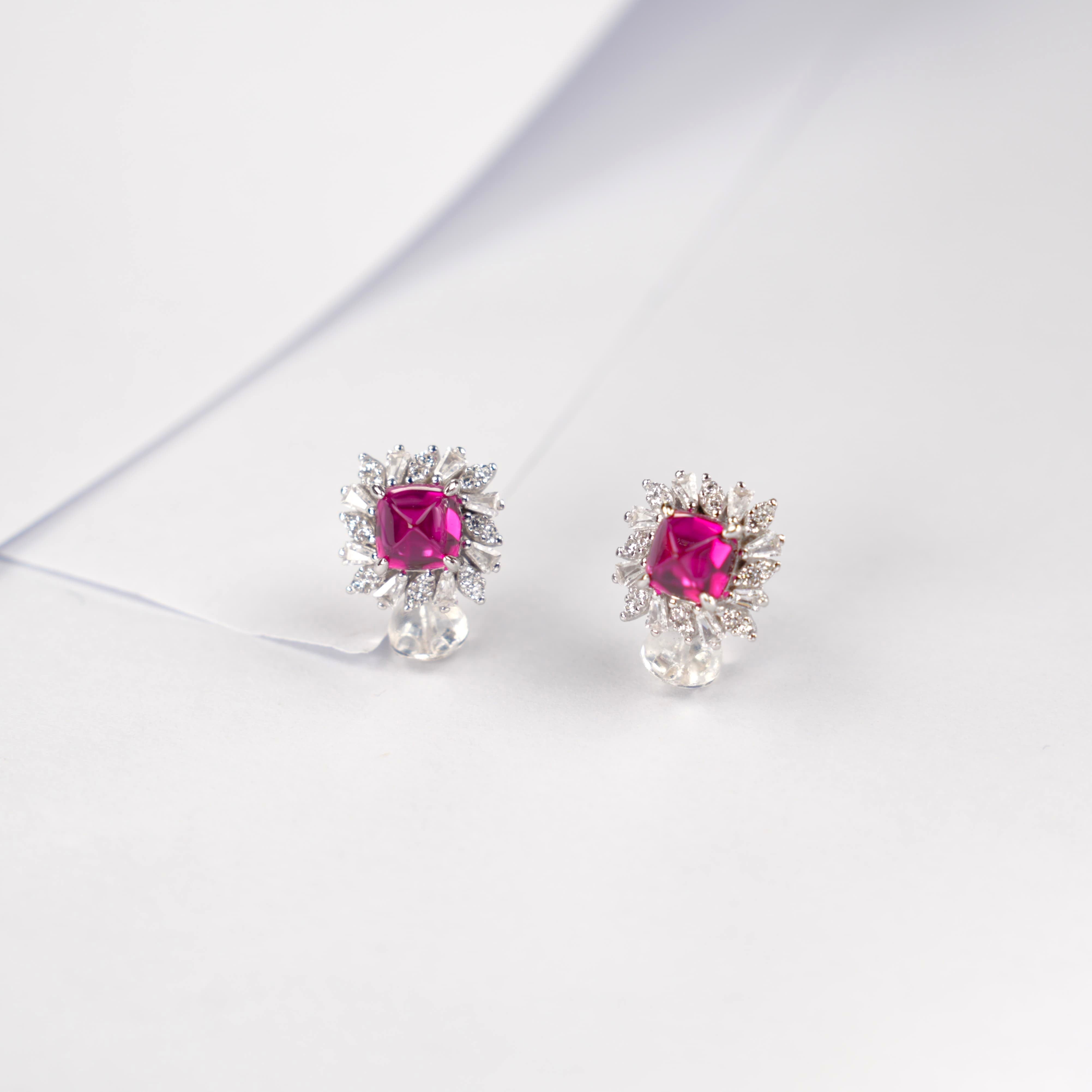 Lab-Grown Ruby - Rhombus Crimson Starburst Diamond-Cluster Earrings