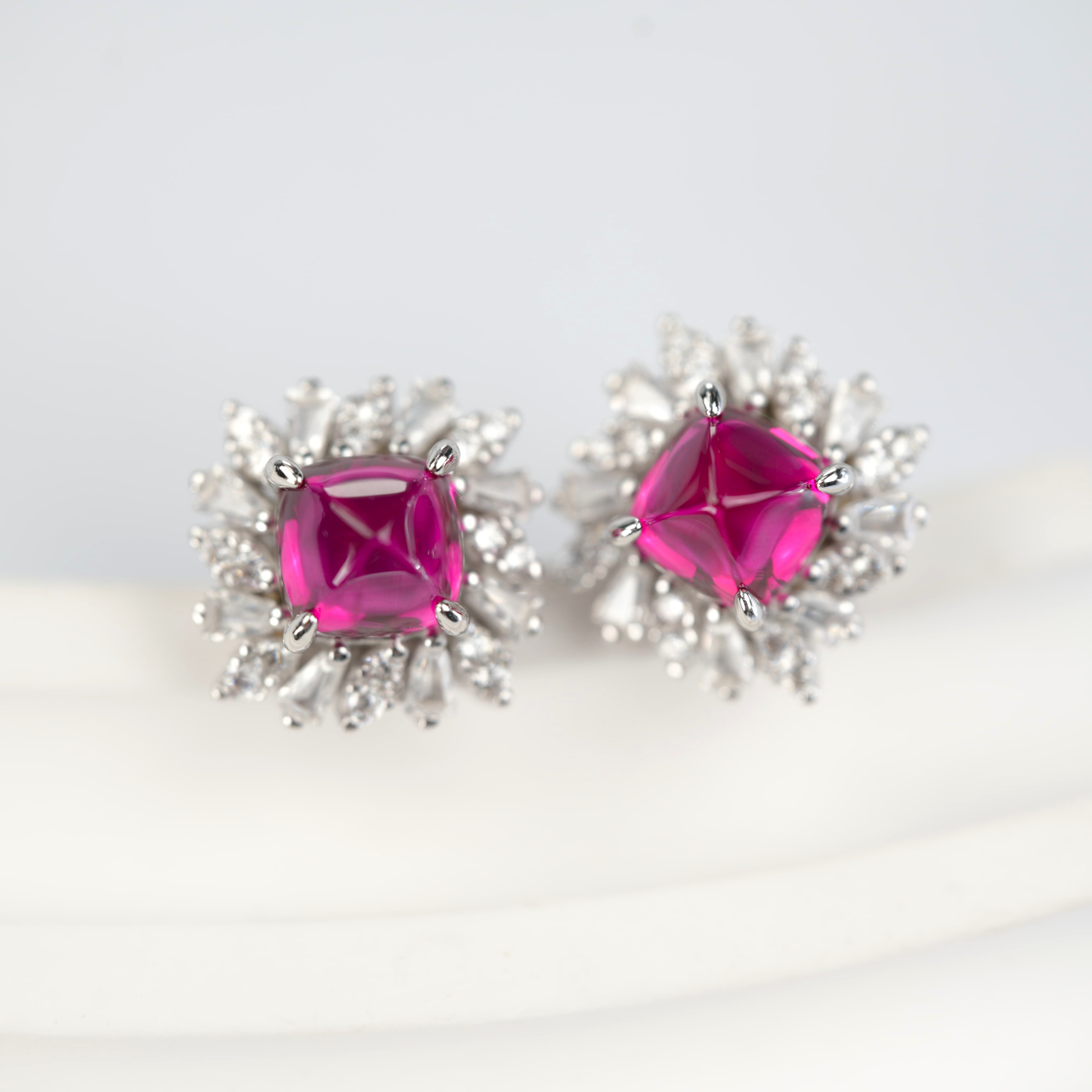 Lab-Grown Ruby - Rhombus Crimson Starburst Diamond-Cluster Earrings