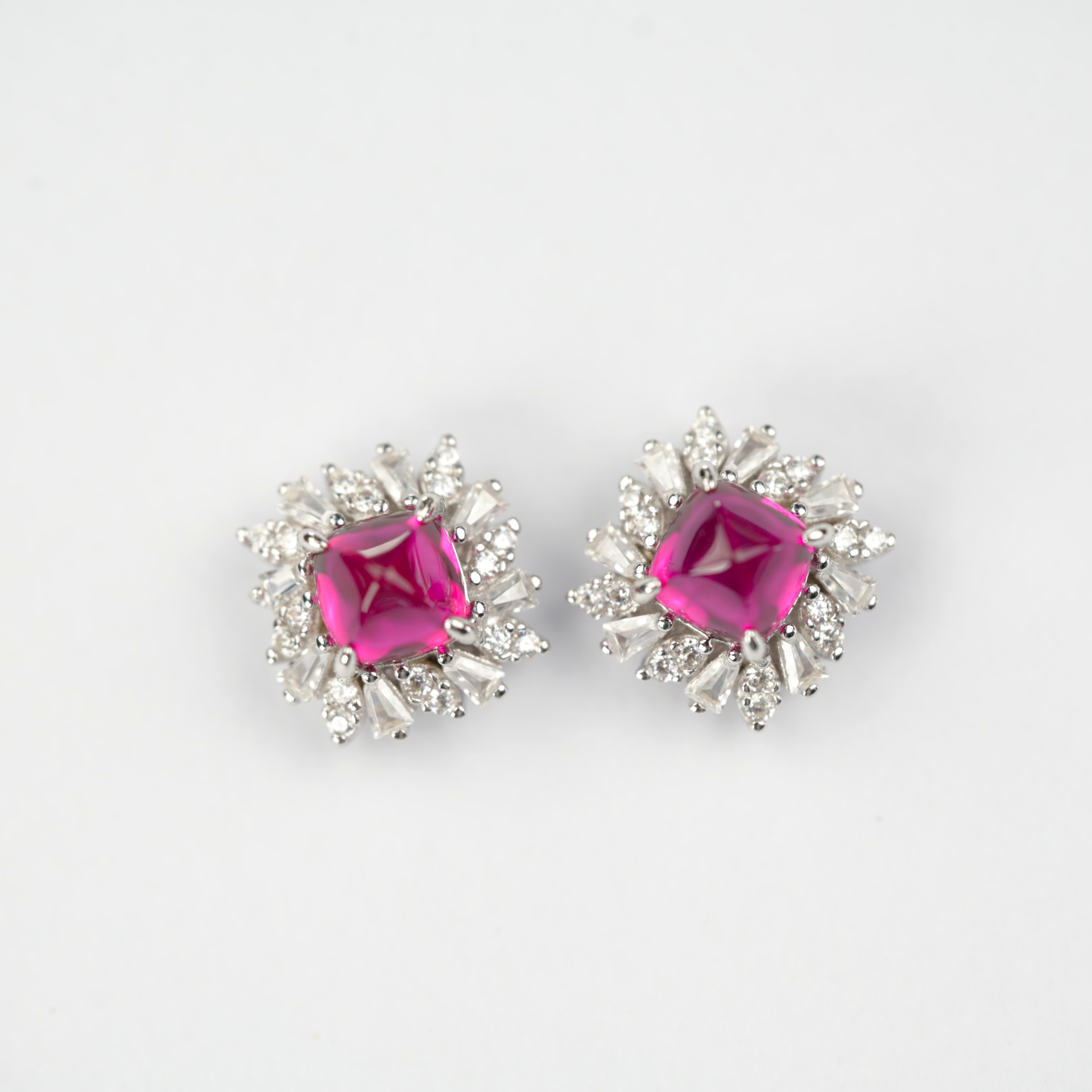 Lab-Grown Ruby - Rhombus Crimson Starburst Diamond-Cluster Earrings