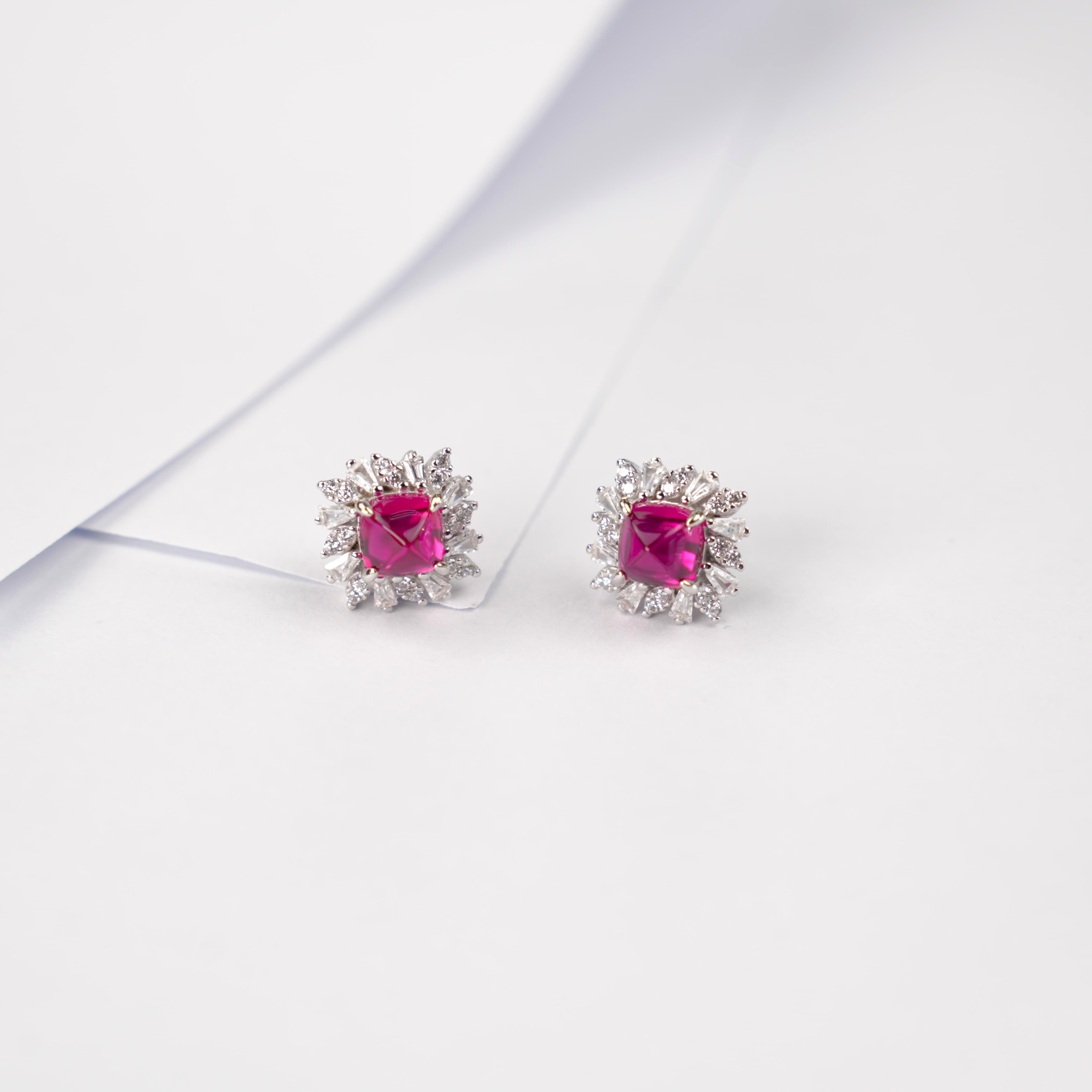 Lab-Grown Ruby - Rhombus Crimson Starburst Diamond-Cluster Earrings