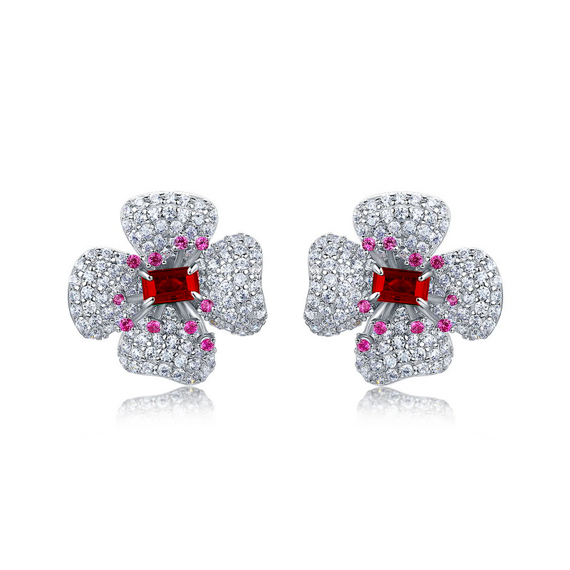 Lab-Grown Ruby - Flower-Cluster Crimson Heart Four-Leaf Earrings