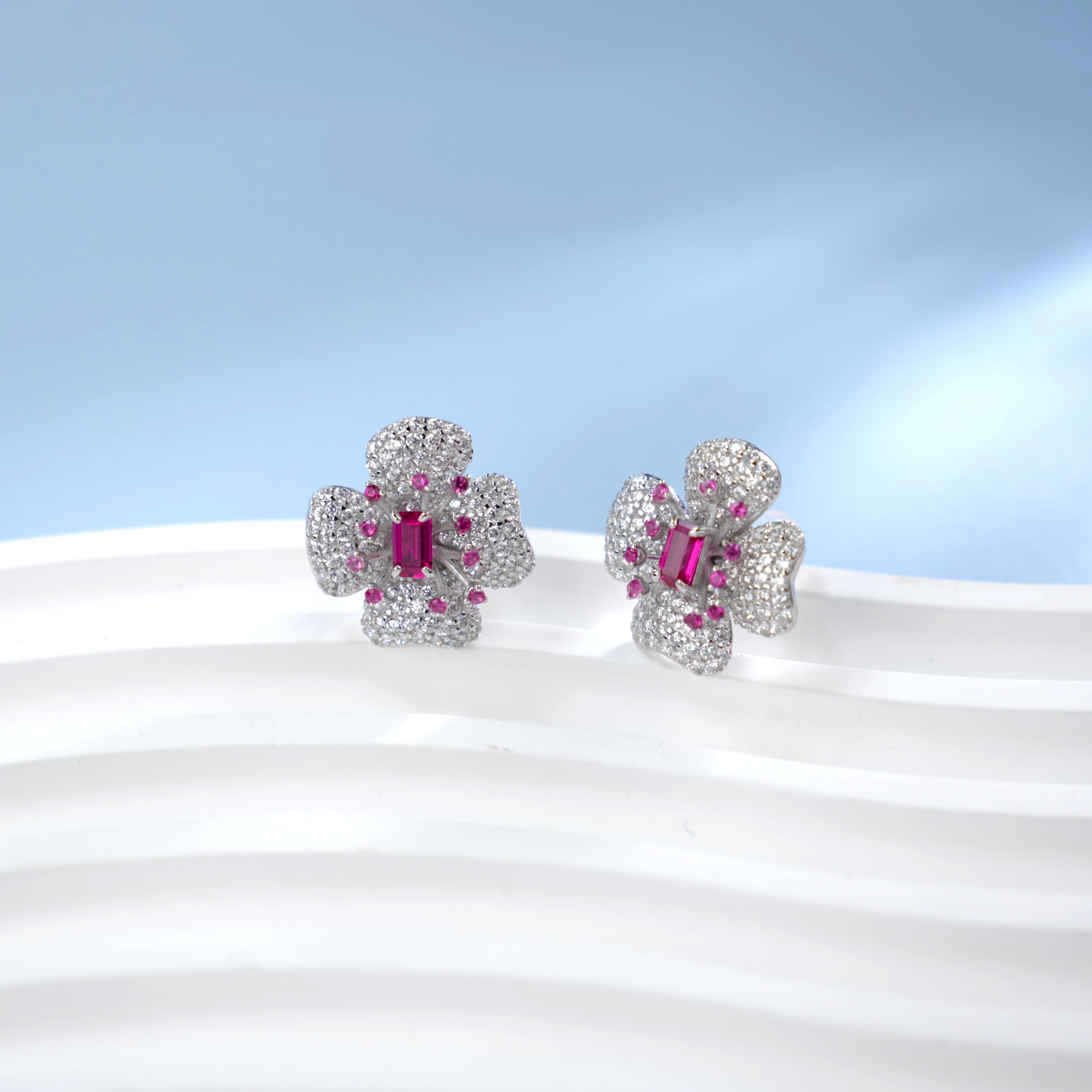 Lab-Grown Ruby - Flower-Cluster Crimson Heart Four-Leaf Earrings