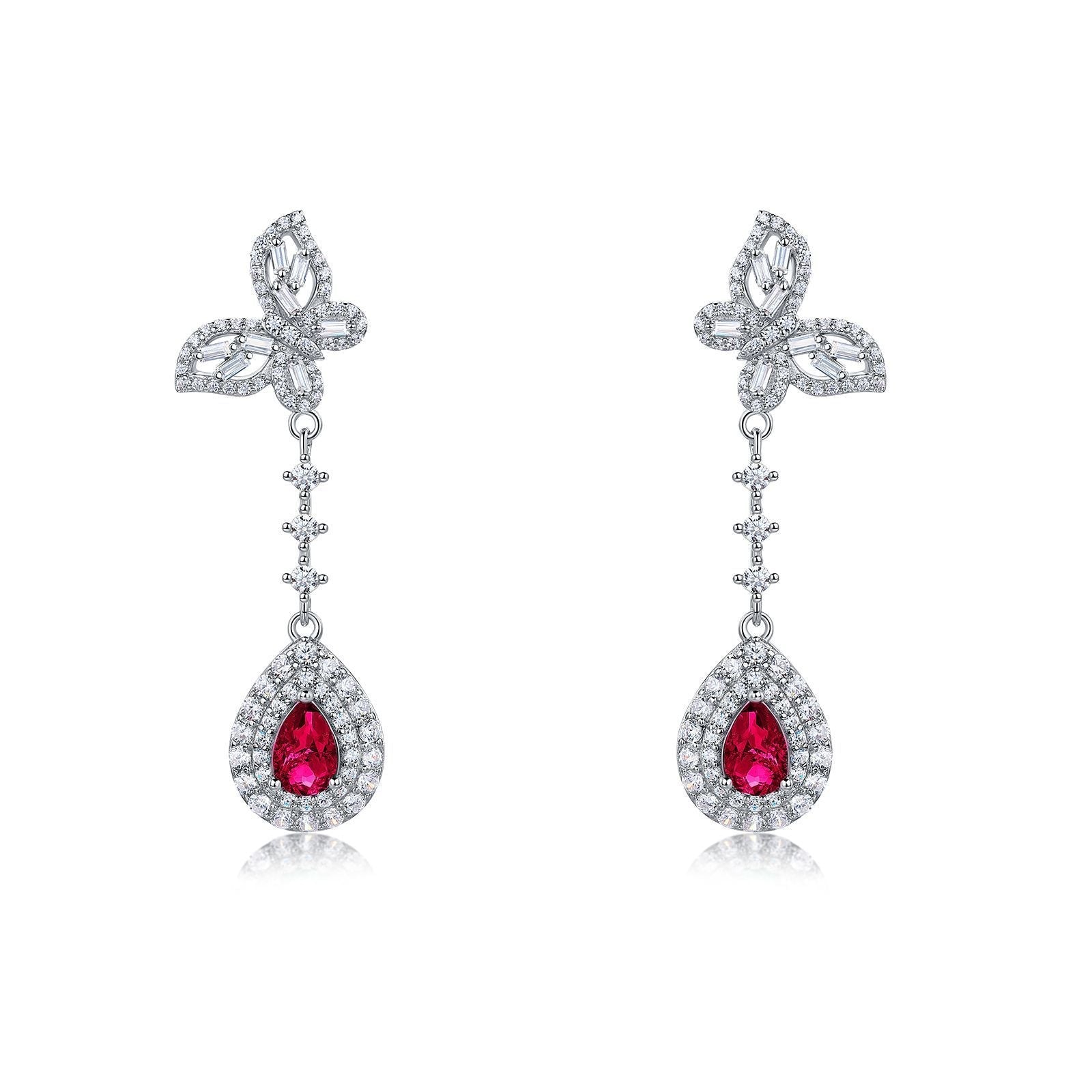 Lab-Grown Ruby - Butterfly Feather Crimson Teardrop Dangle Ear Hooks