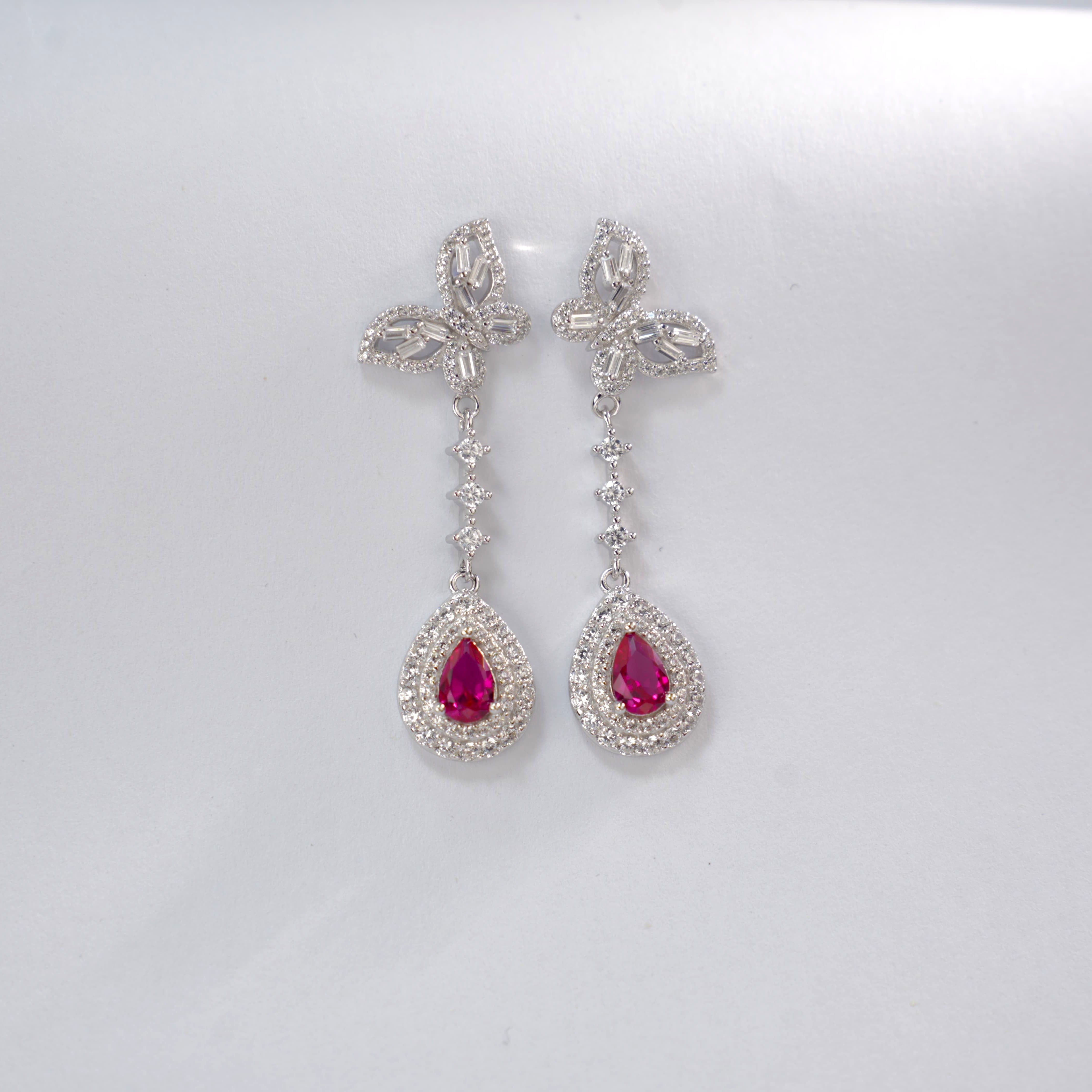 Lab-Grown Ruby - Butterfly Feather Crimson Teardrop Dangle Ear Hooks