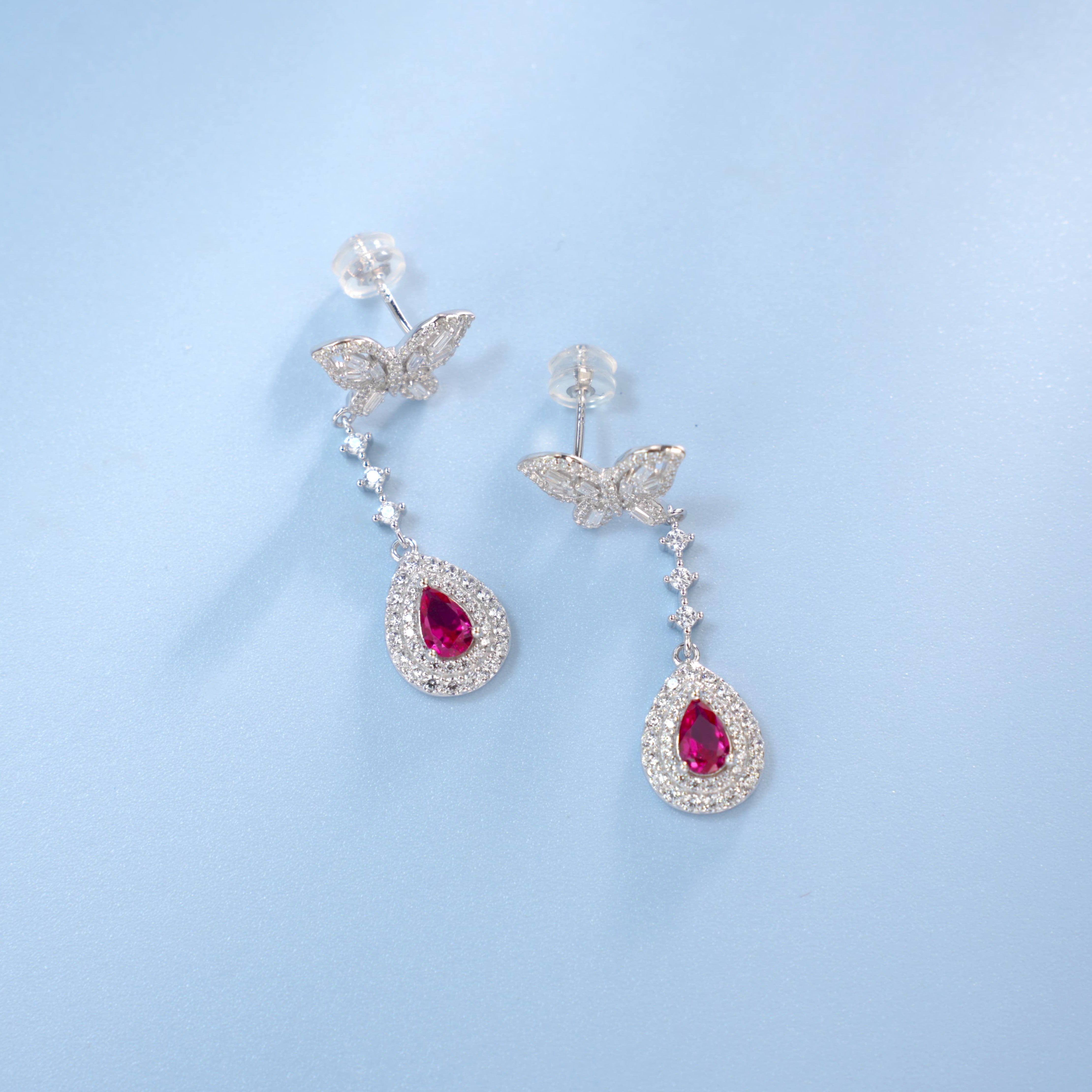 Lab-Grown Ruby - Butterfly Feather Crimson Teardrop Dangle Ear Hooks