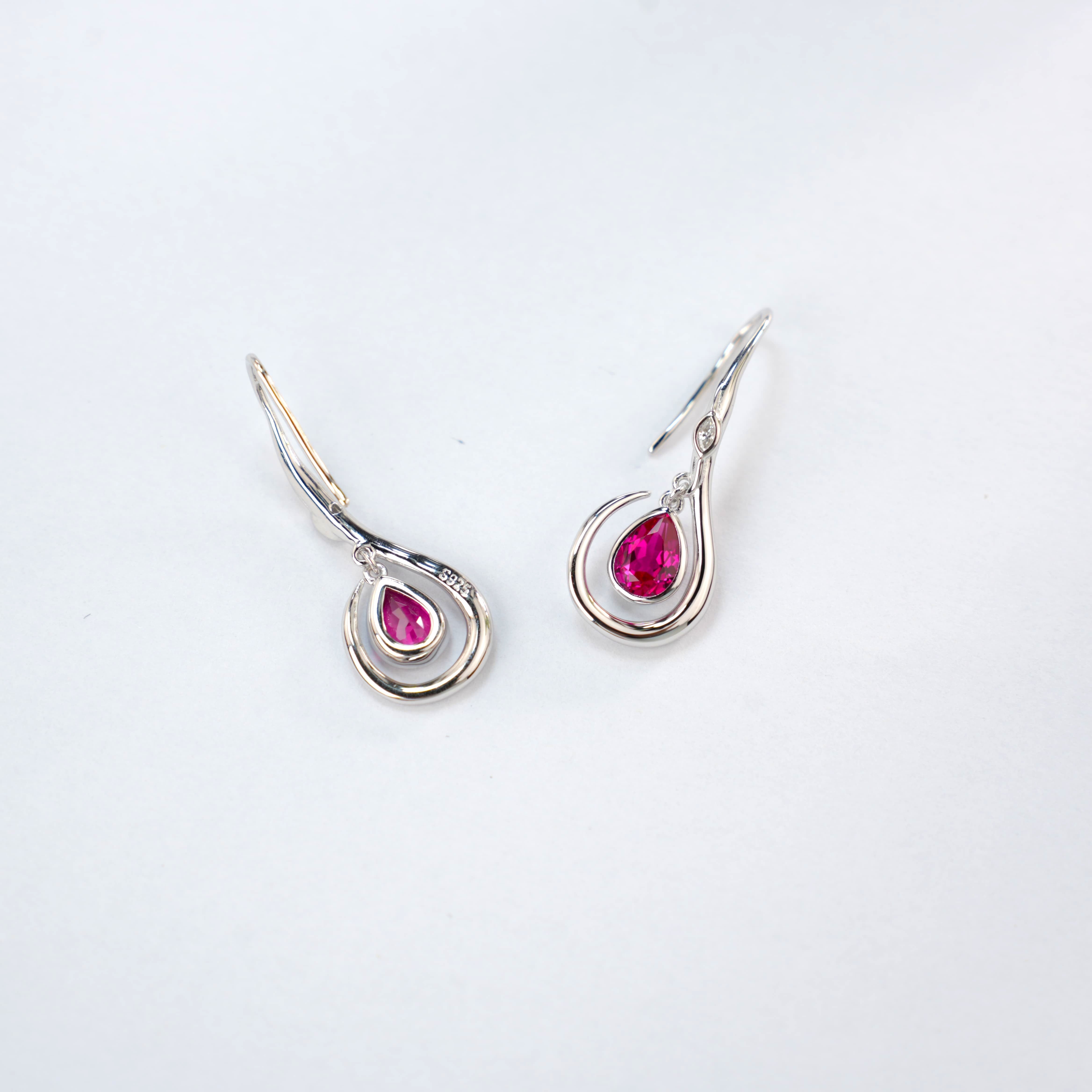 Lab-Grown Ruby - Soft-Curved Crimson Teardrop Hook Dangle Earrings