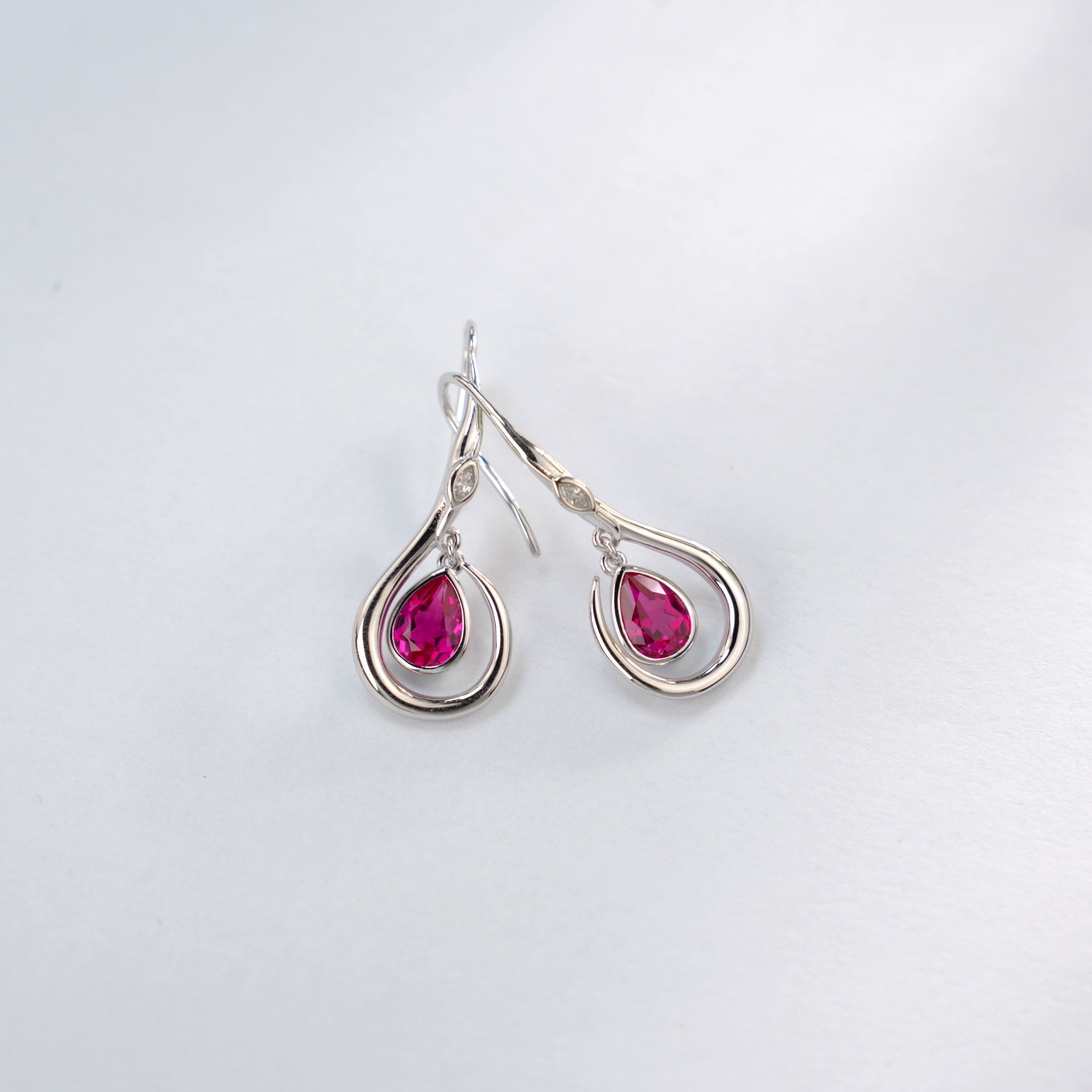 Lab-Grown Ruby - Soft-Curved Crimson Teardrop Hook Dangle Earrings