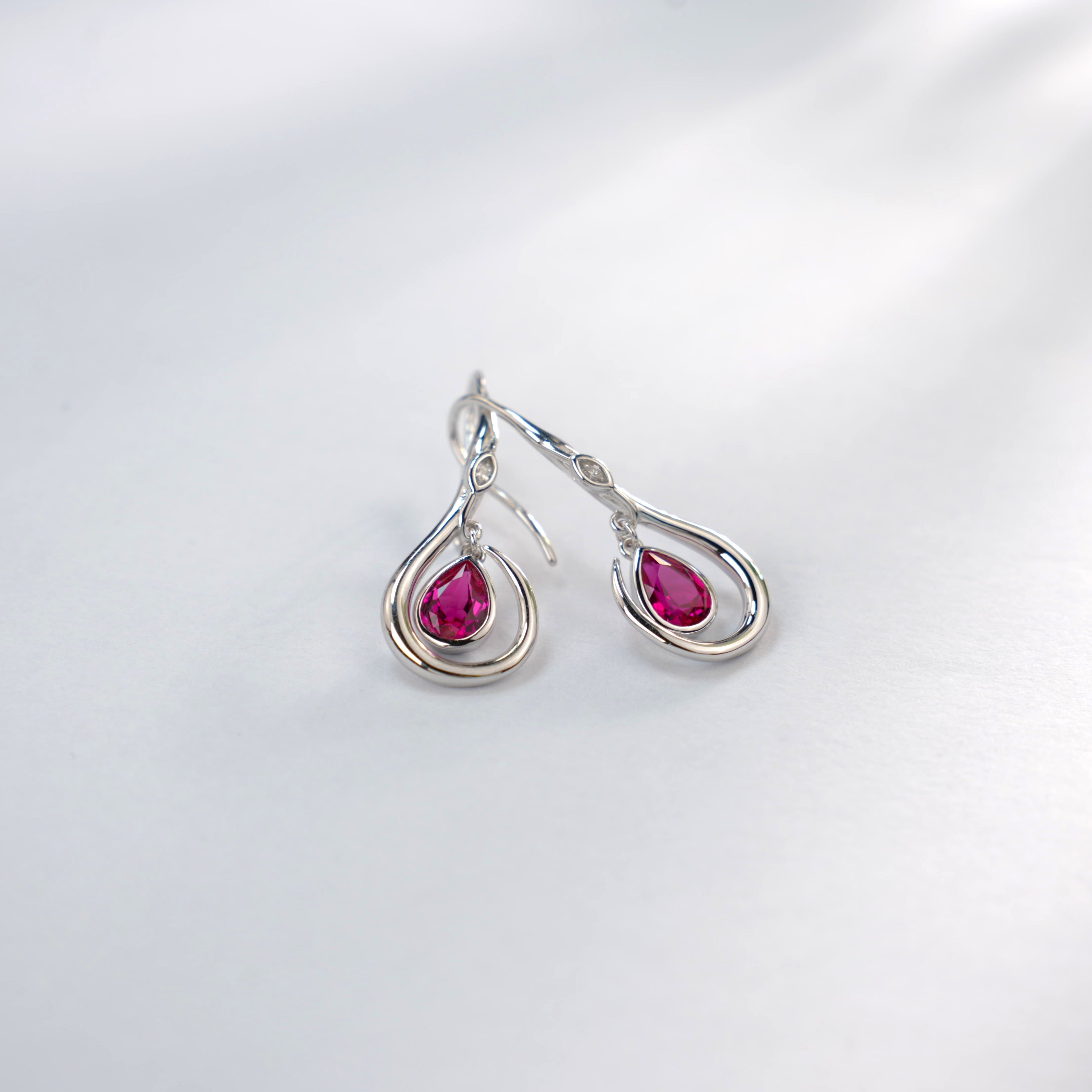 Lab-Grown Ruby - Soft-Curved Crimson Teardrop Hook Dangle Earrings