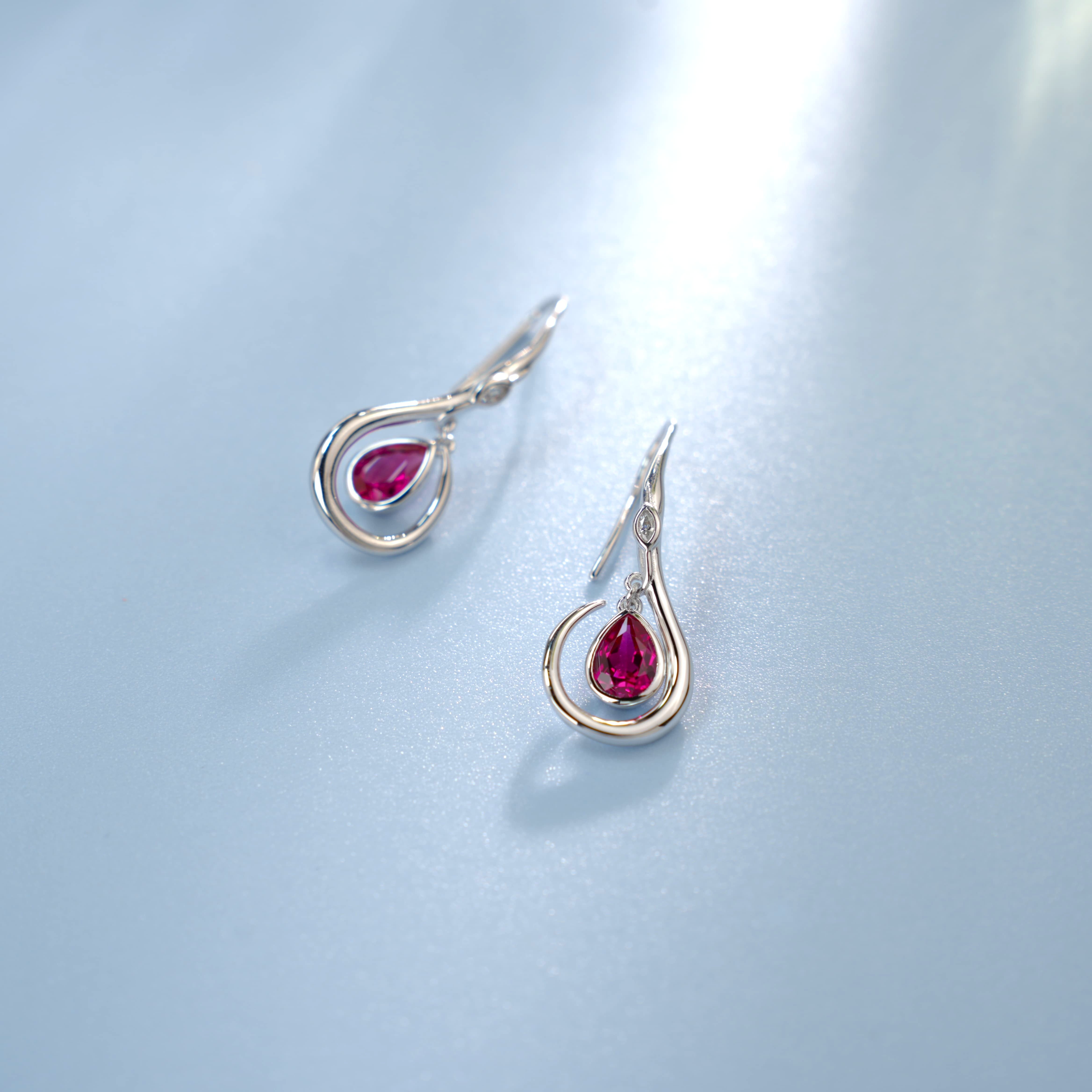 Lab-Grown Ruby - Soft-Curved Crimson Teardrop Hook Dangle Earrings