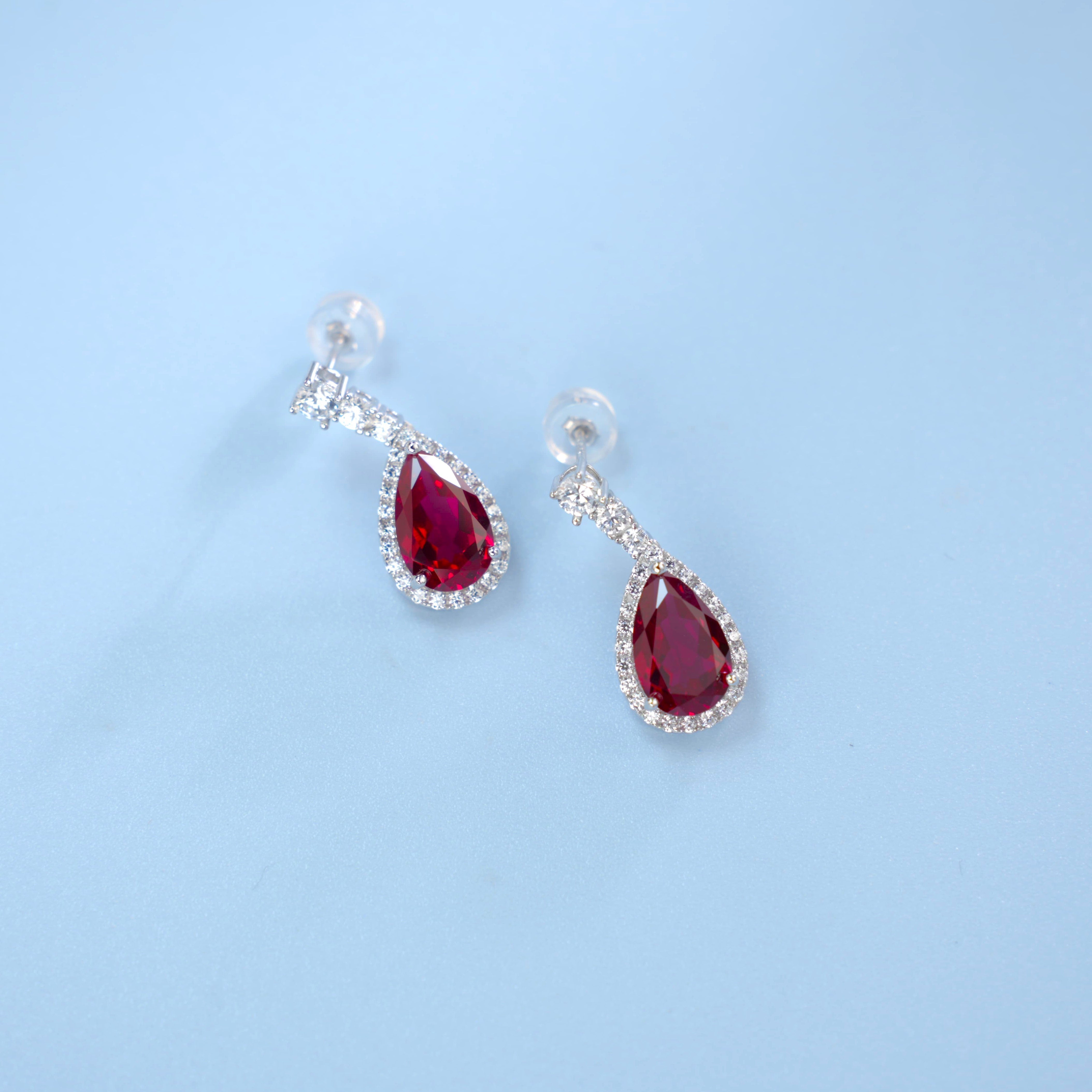 Lab-Grown Ruby - Teardrop Crimson Diamond-Halo Dangle Earrings