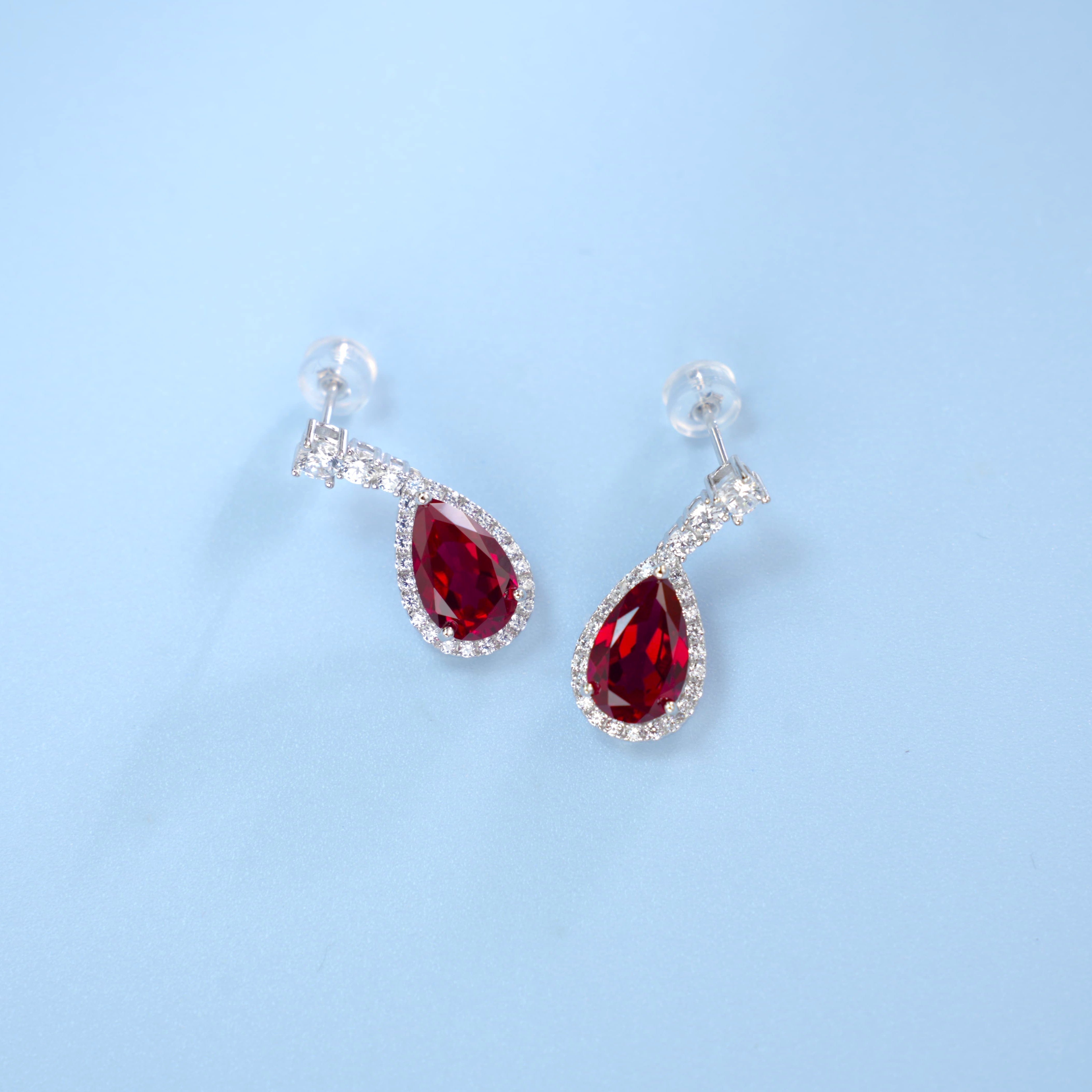 Lab-Grown Ruby - Teardrop Crimson Diamond-Halo Dangle Earrings