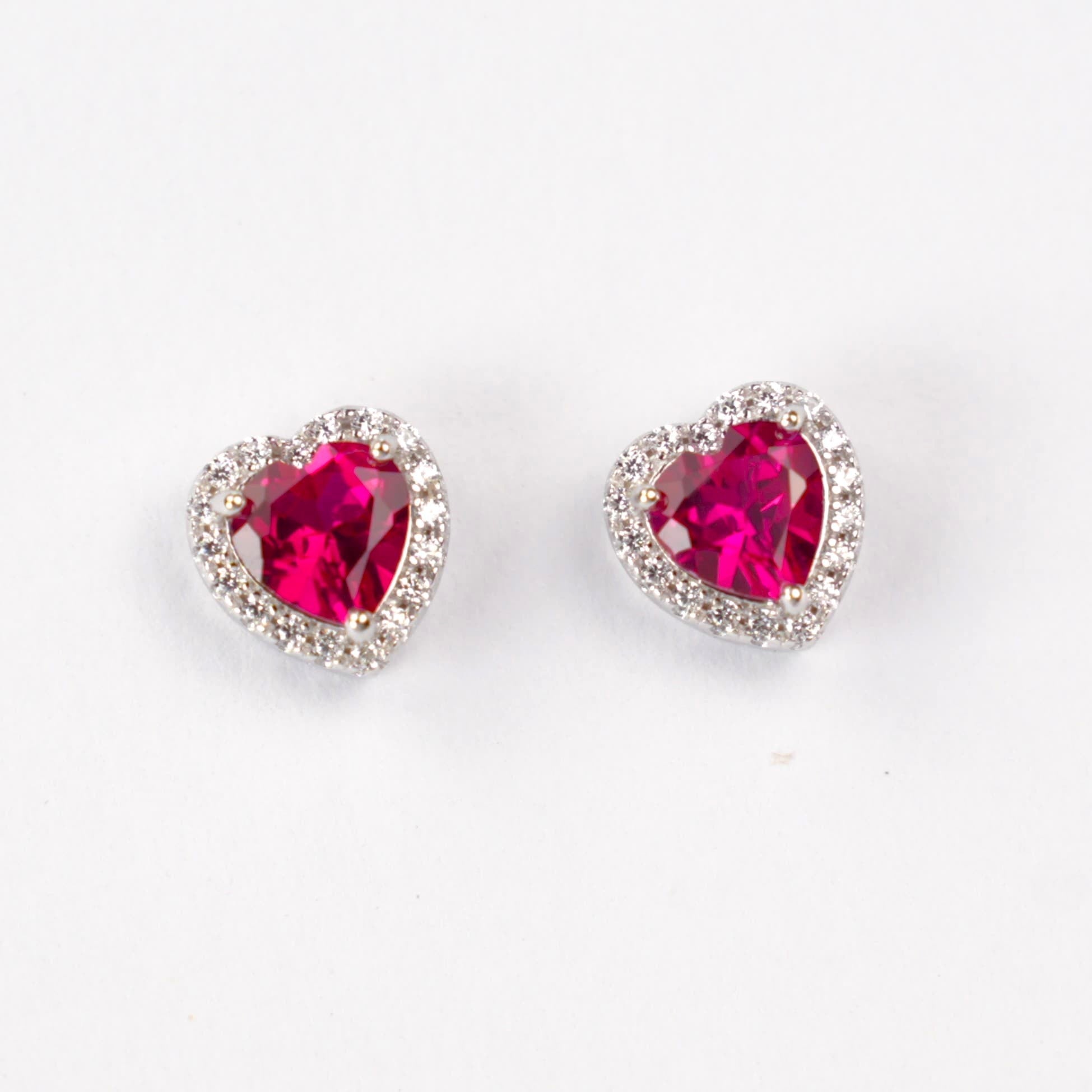 Lab-Grown Ruby - Crimson Heart Diamond-Halo Love Heart Earrings