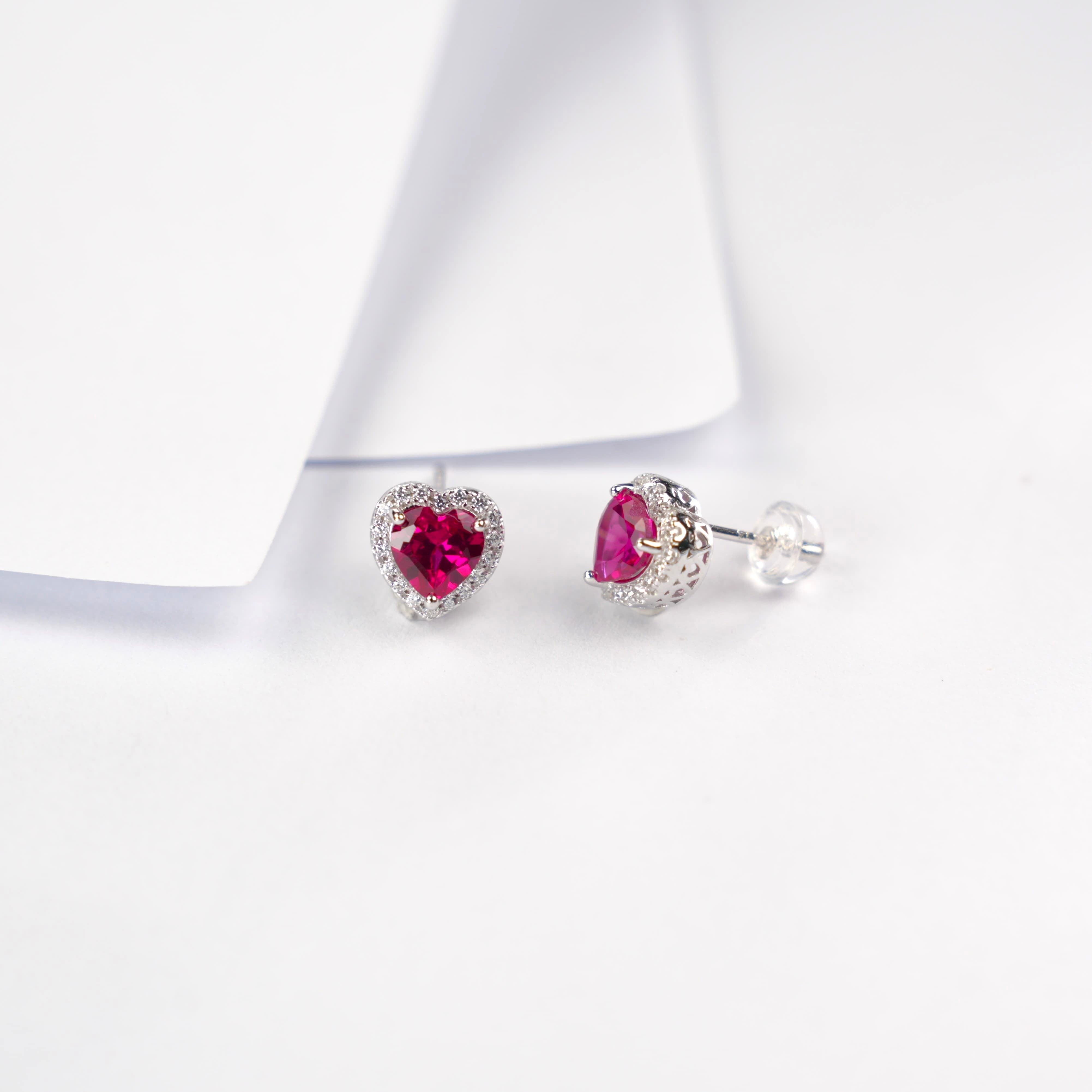 Lab-Grown Ruby - Crimson Heart Diamond-Halo Love Heart Earrings