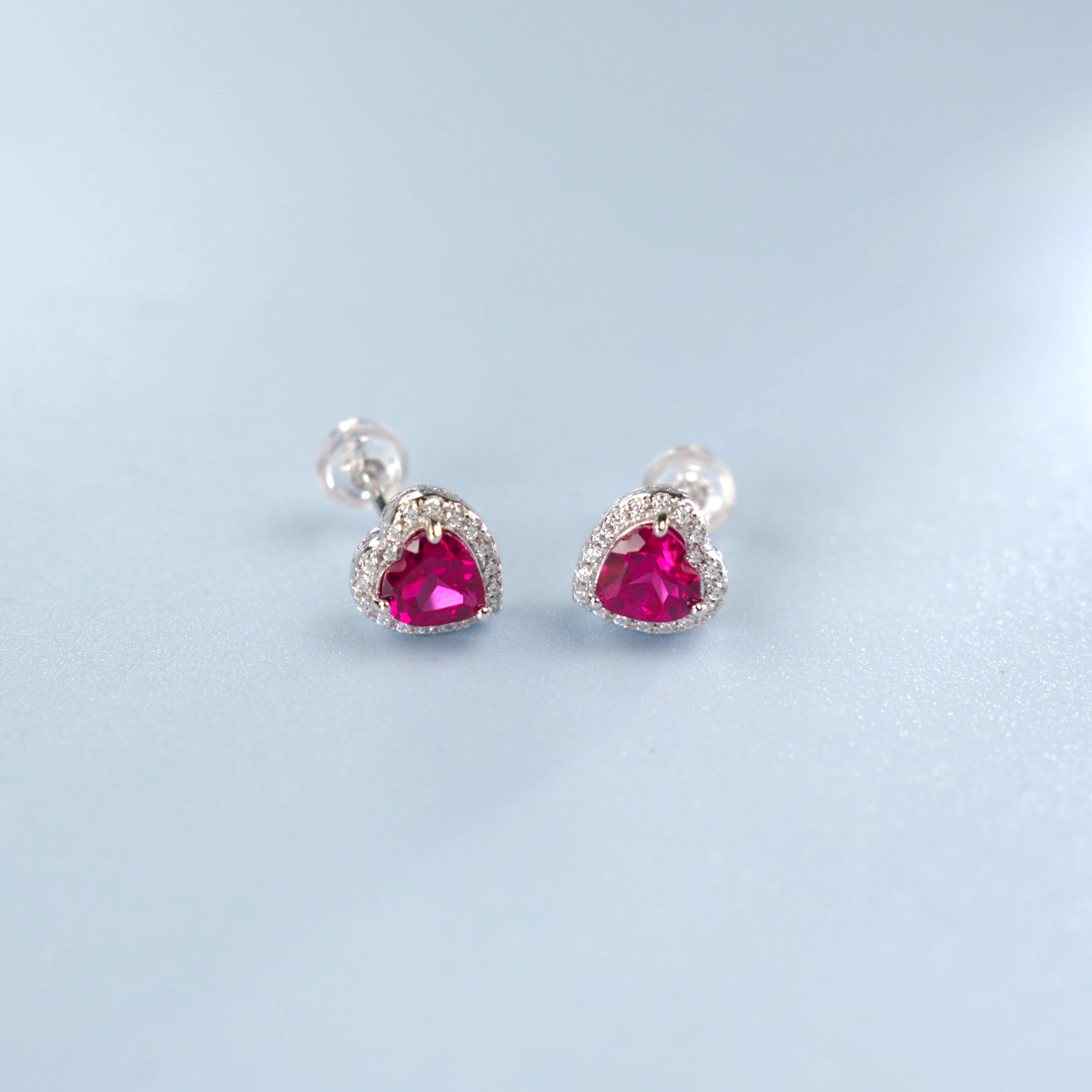 Lab-Grown Ruby - Crimson Heart Diamond-Halo Love Heart Earrings