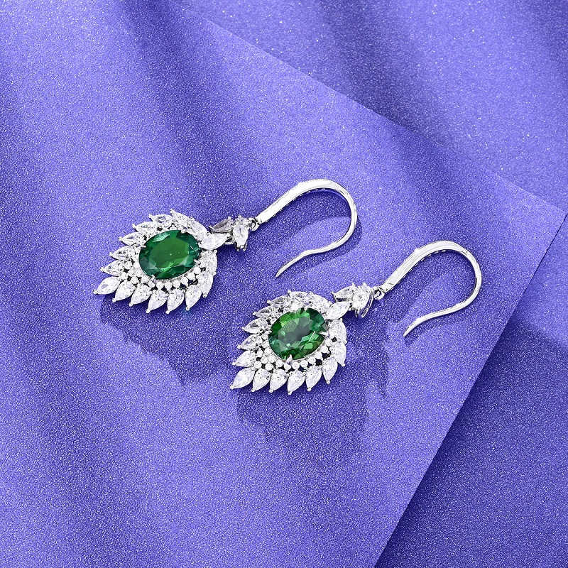 Lab-Grown Ruby - Oval Crimson Star-Blooming Dangle Ear Hooks