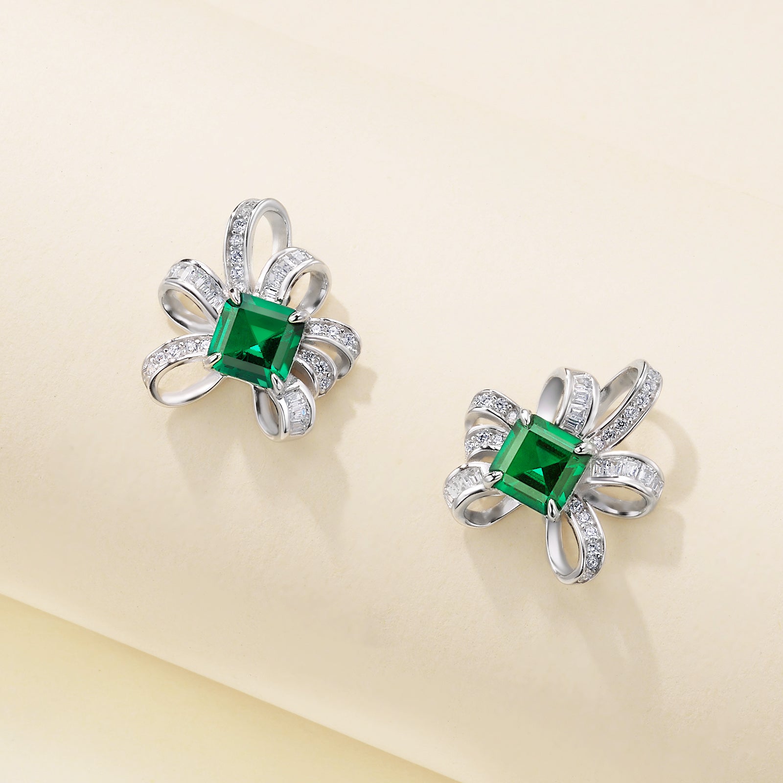 Lab-Grown Ruby - Square Crimson Satin-Knot Diamond-Wrapped Earrings