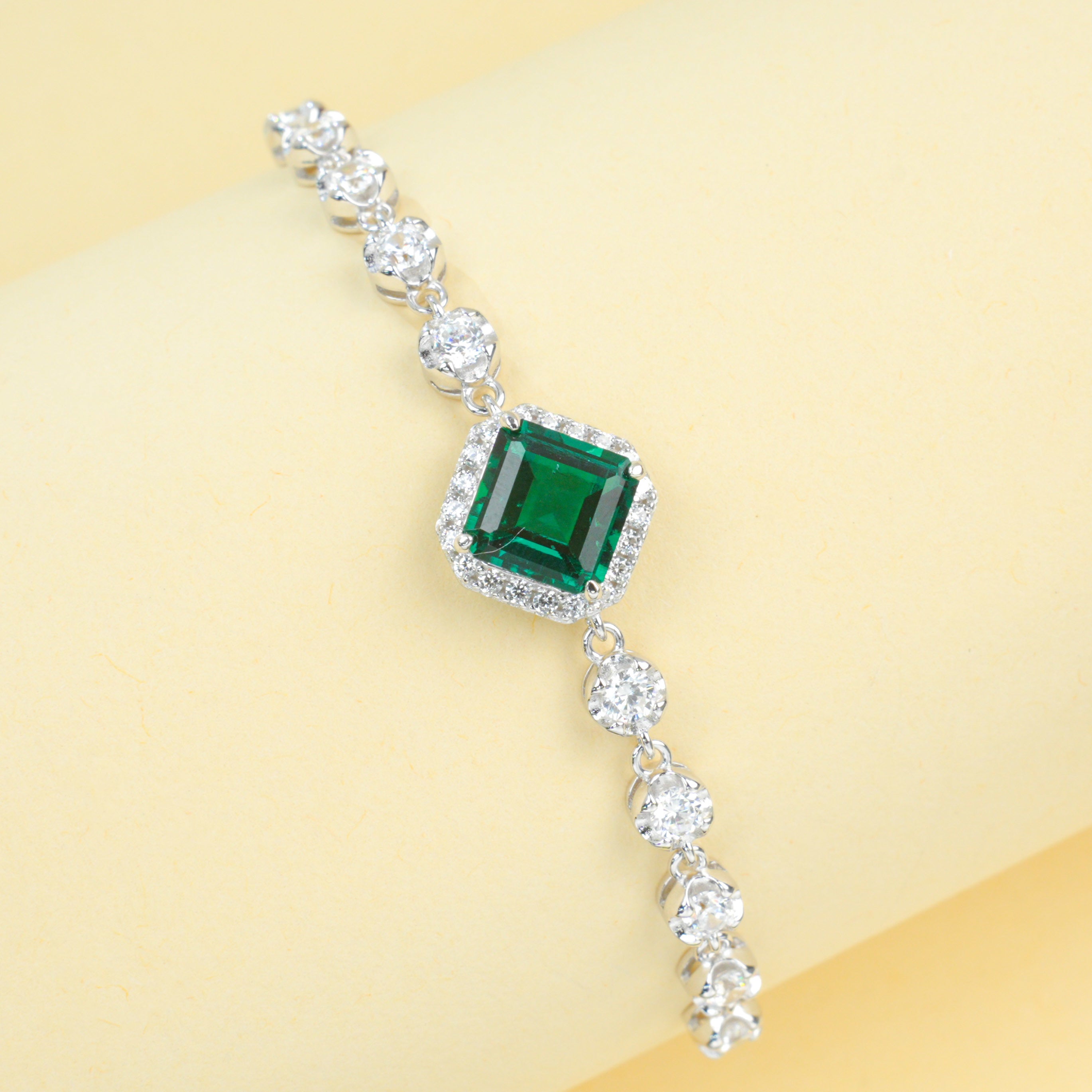 Lab-Grown Emerald - Square Emerald Diamond-Chain Soft-Wrist Bracelet