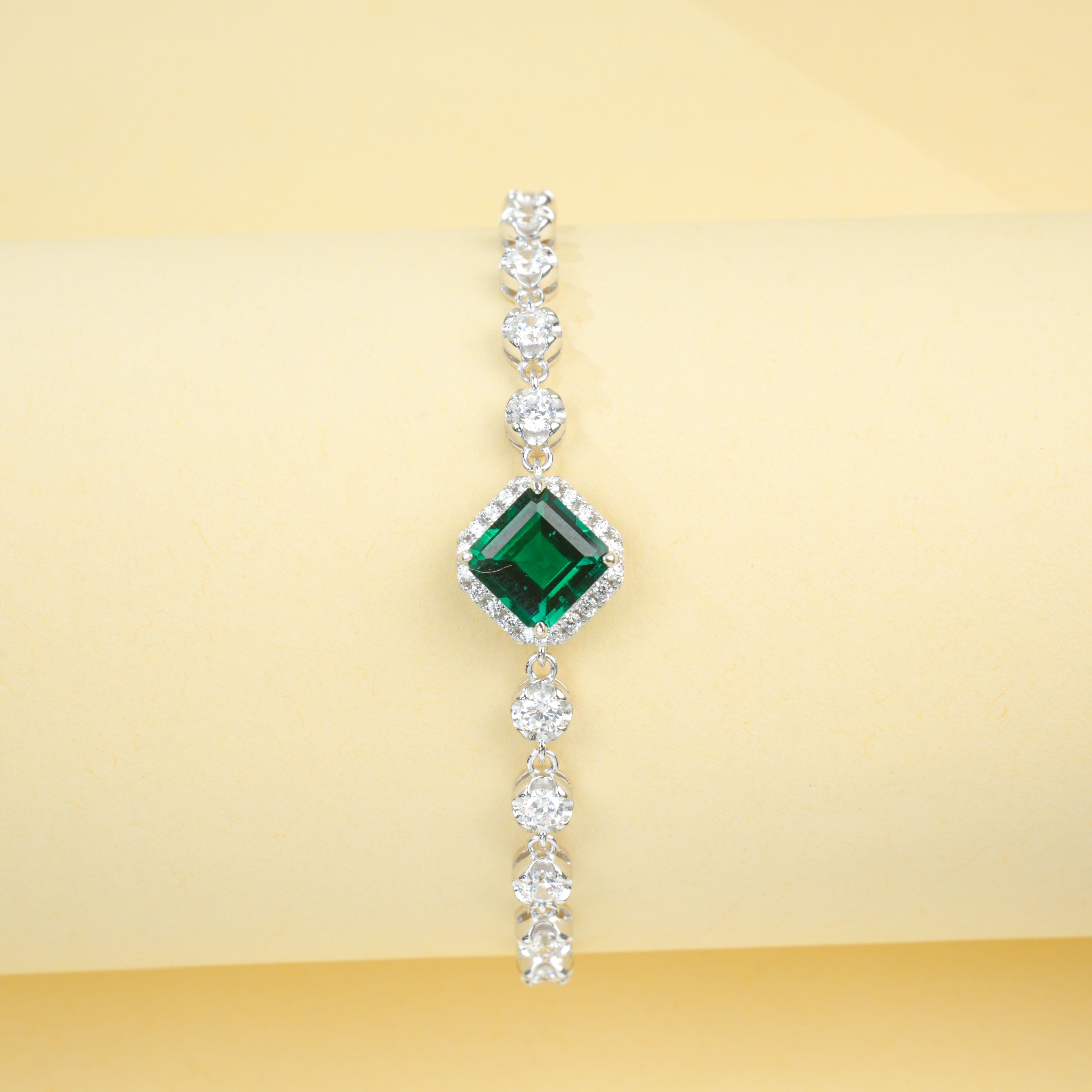 Lab-Grown Emerald - Square Emerald Diamond-Chain Soft-Wrist Bracelet