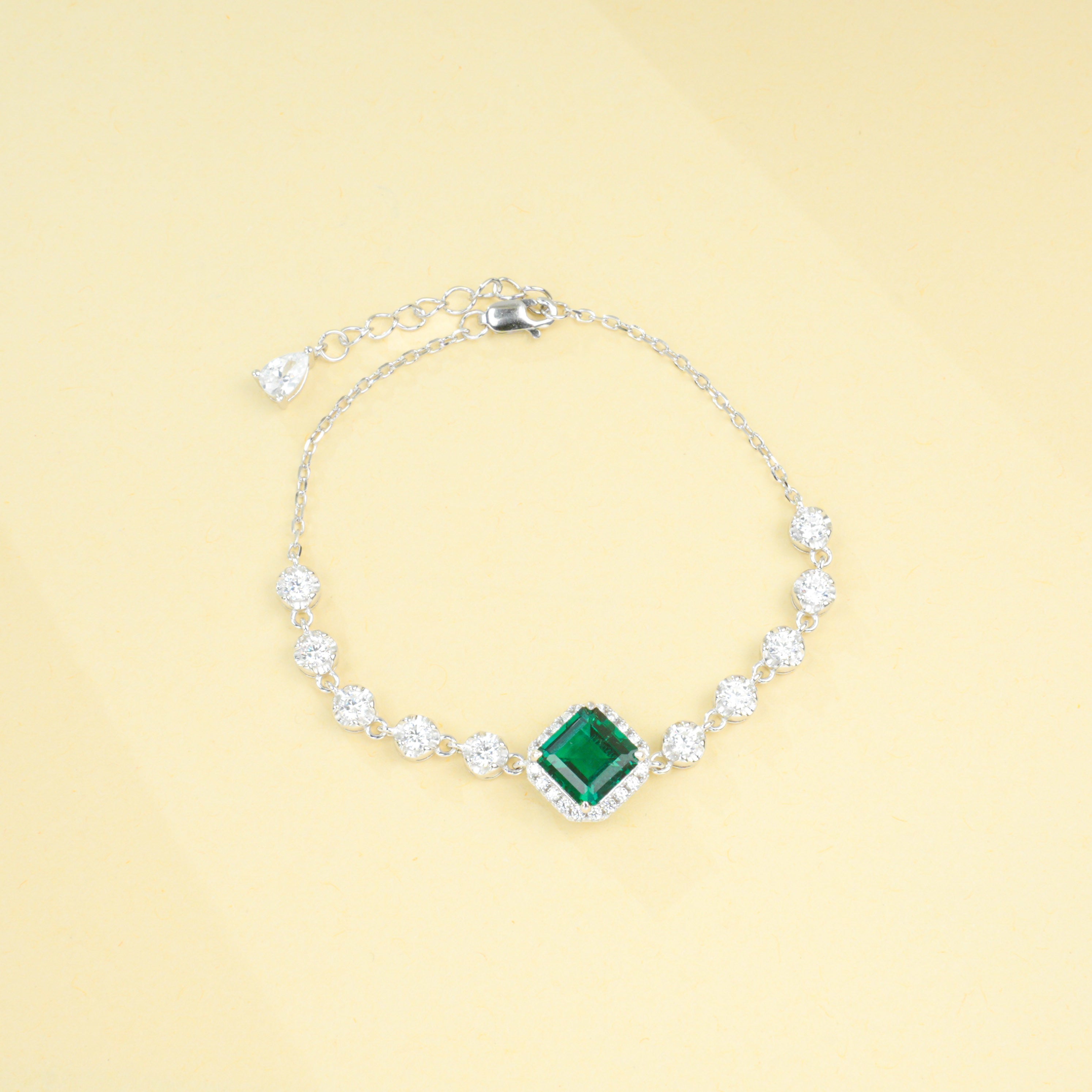 Lab-Grown Emerald - Square Emerald Diamond-Chain Soft-Wrist Bracelet