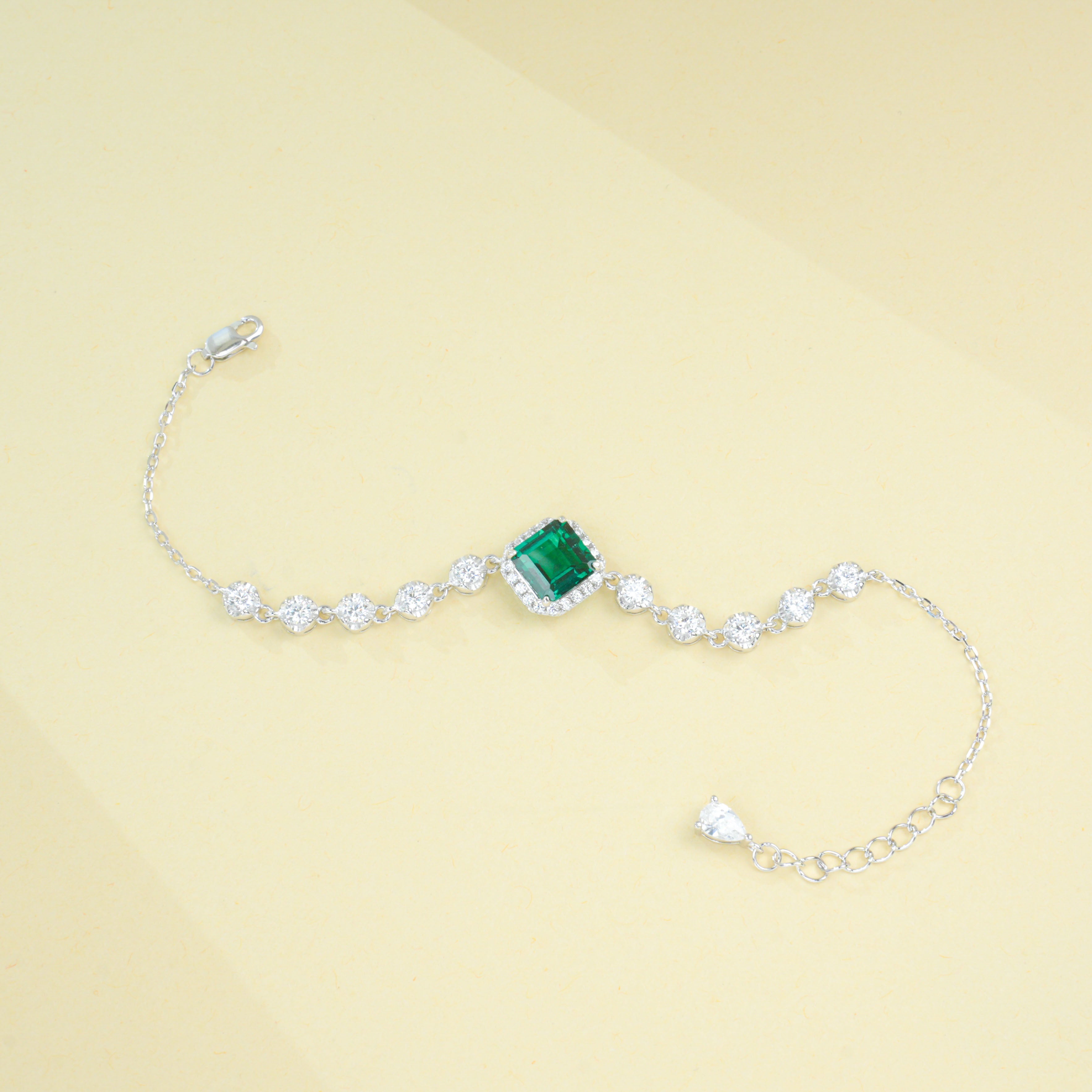 Lab-Grown Emerald - Square Emerald Diamond-Chain Soft-Wrist Bracelet