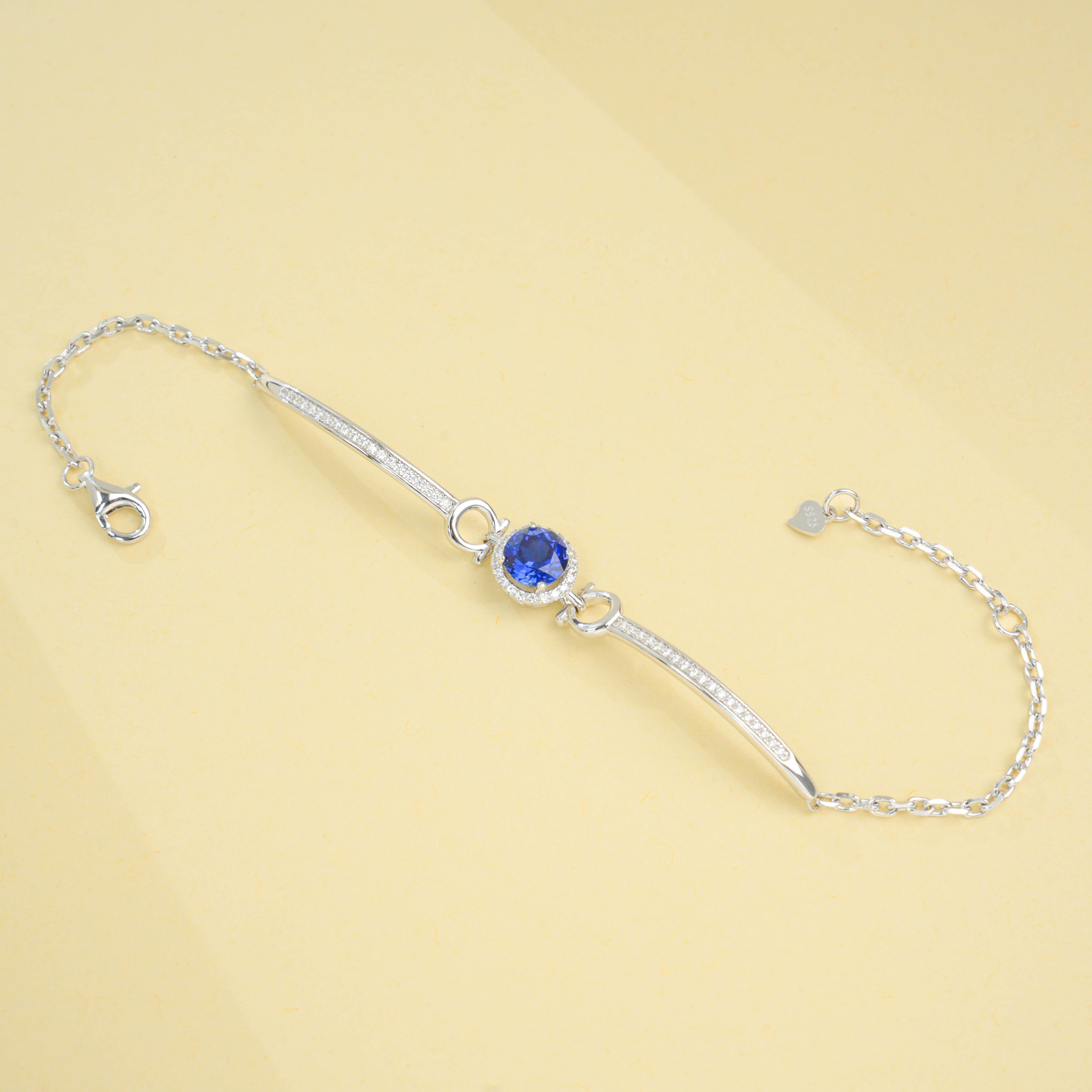 Lab-Grown Sapphire - Round Blue Diamond-Inset Soft-Arc Bracelet