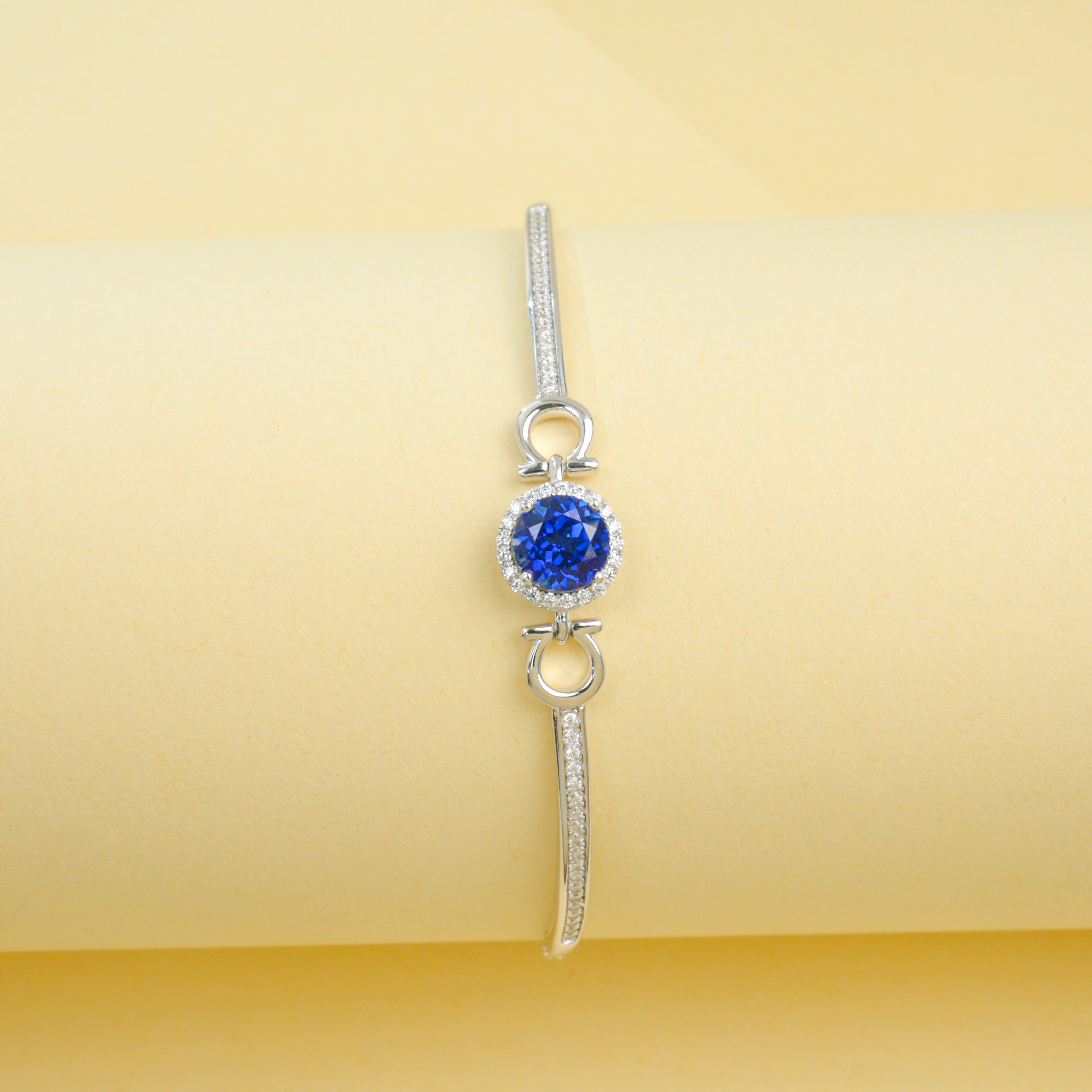 Lab-Grown Sapphire - Round Blue Diamond-Inset Soft-Arc Bracelet