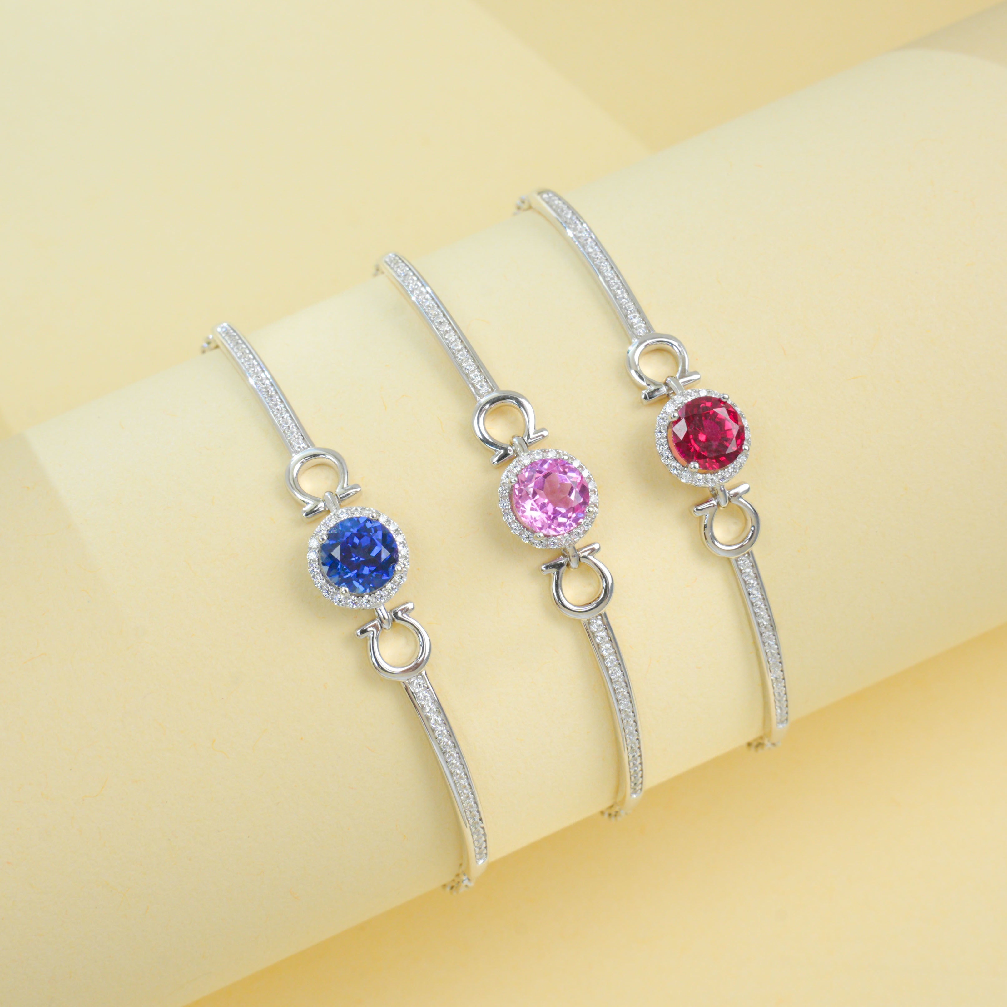 Lab-Grown Sapphire - Round Blue Diamond-Inset Soft-Arc Bracelet