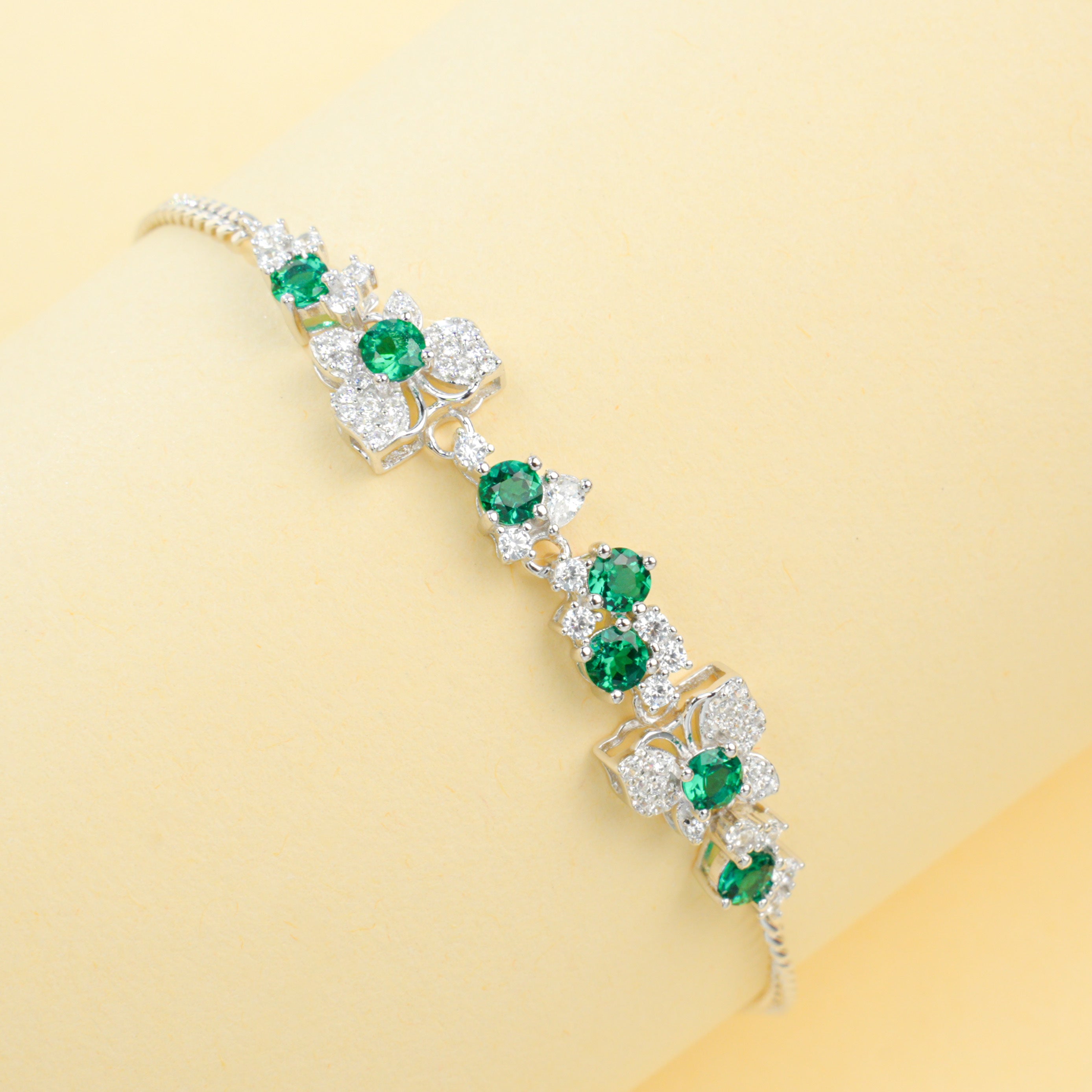 Lab-Grown Emerald - Emerald Cluster Floral Vine Soft-Wrist Bracelet
