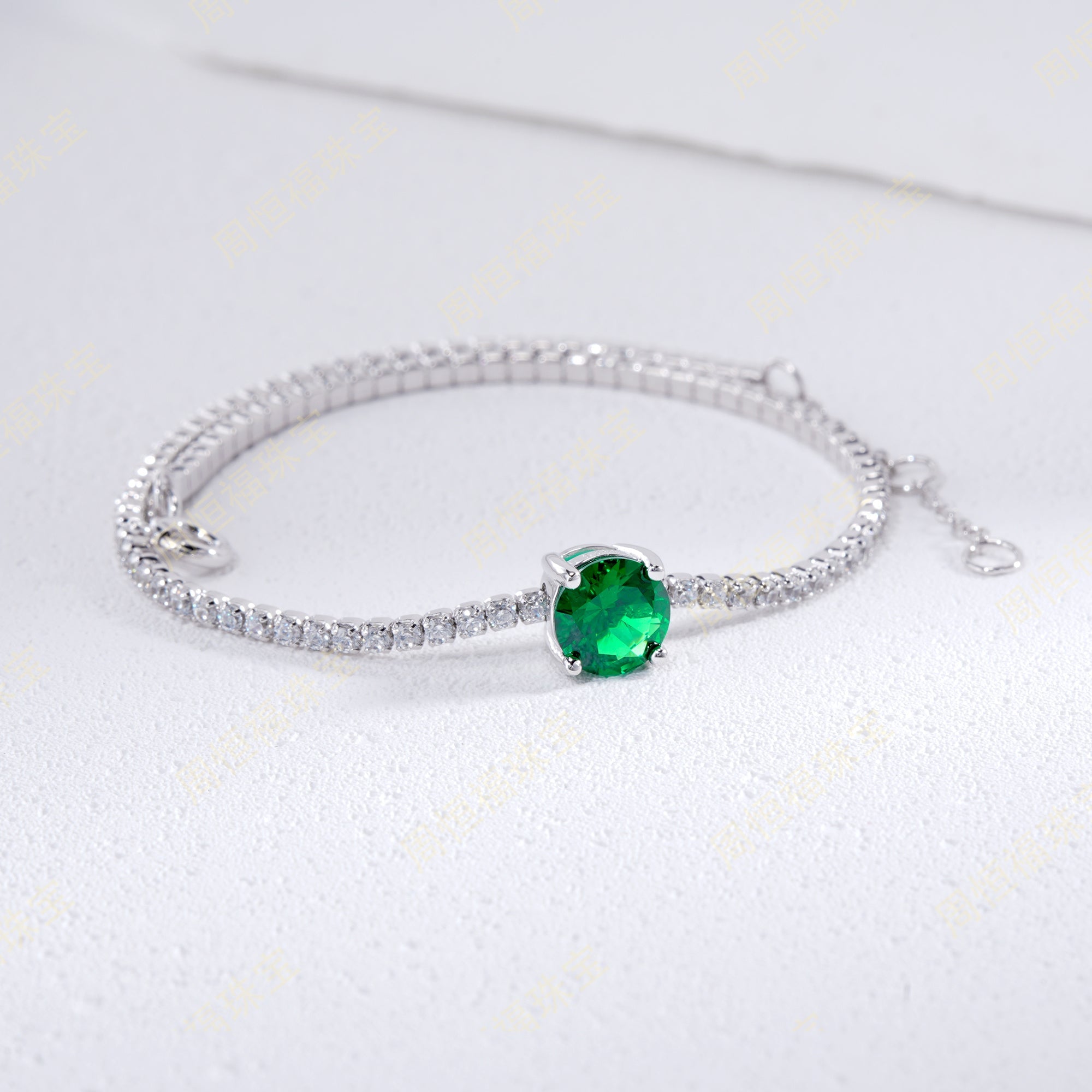Lab-Grown Emerald - Round Emerald Diamond Chain Simple Bracelet