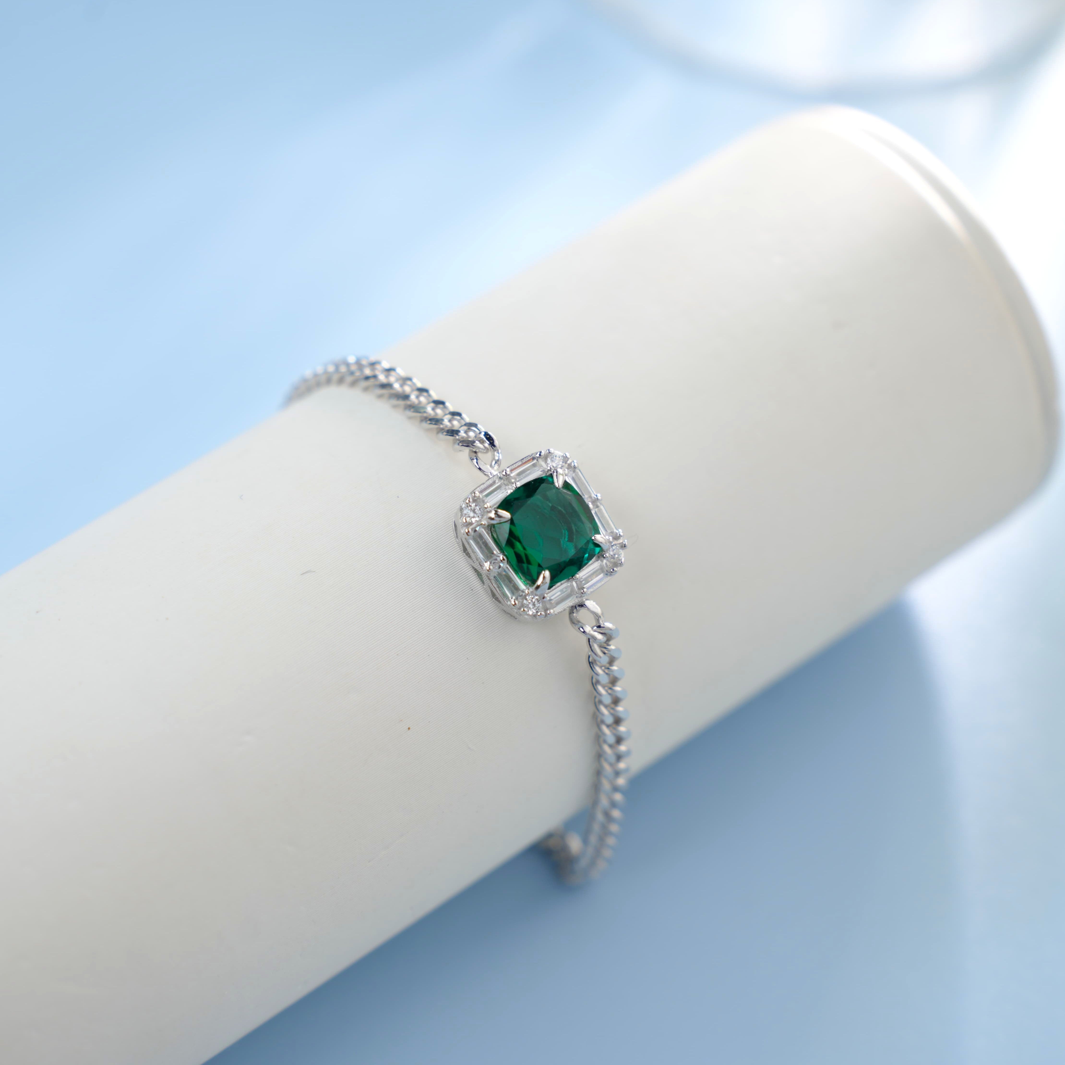 Lab-Grown Emerald - Square Emerald Diamond-Set Chunky Chain Bracelet