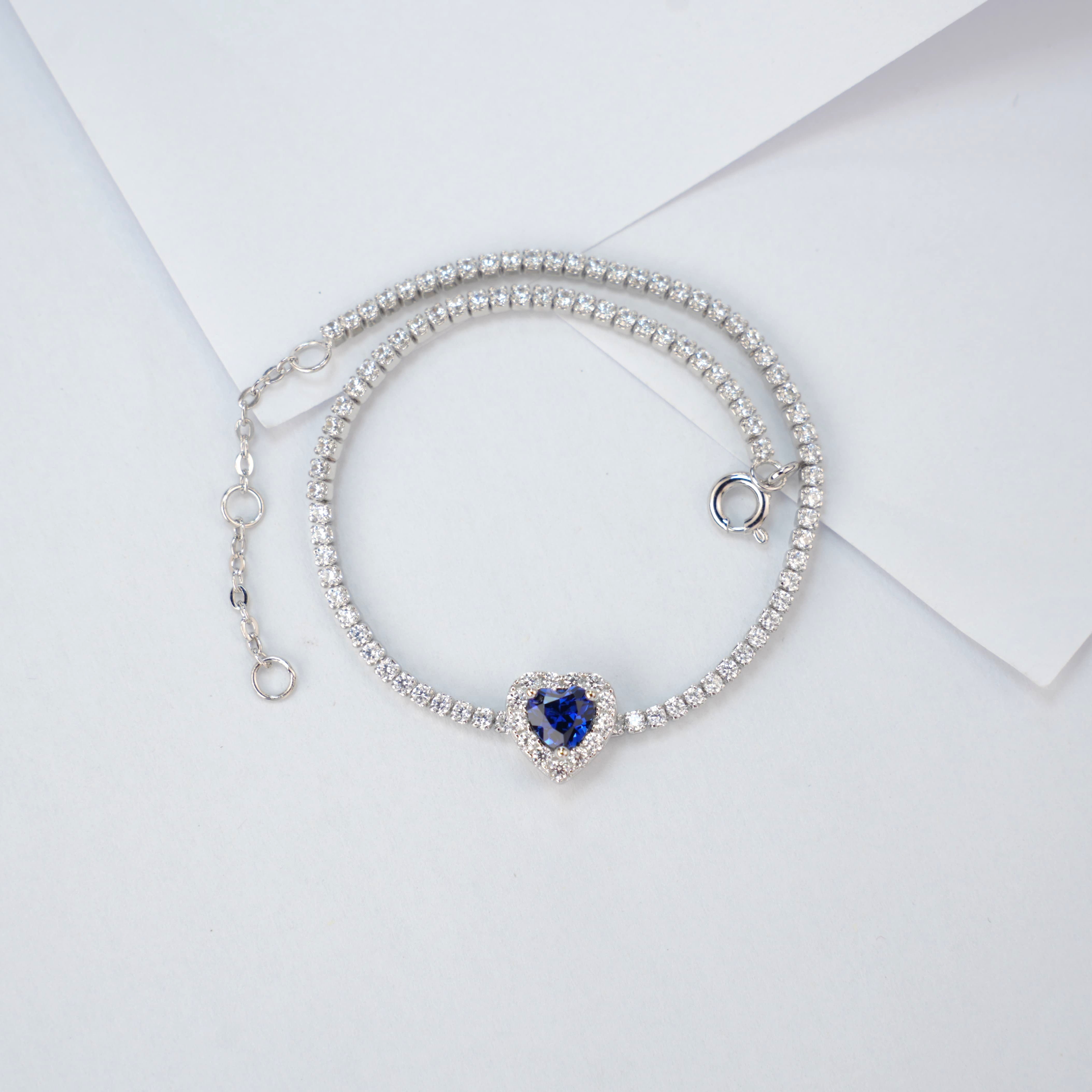 Lab-Grown Sapphire - Blue Heart Diamond-Halo Soft Chain Bracelet
