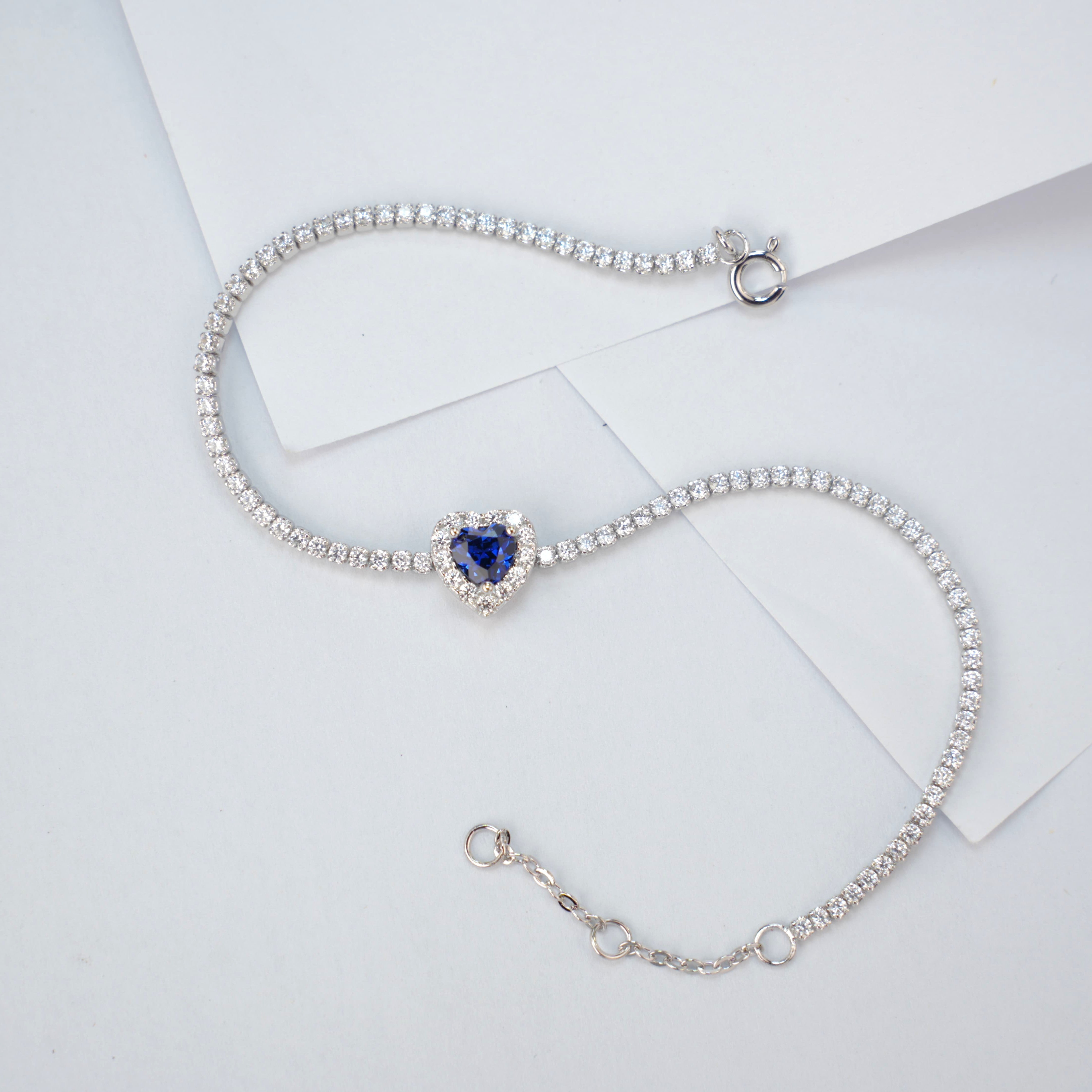 Lab-Grown Sapphire - Blue Heart Diamond-Halo Soft Chain Bracelet