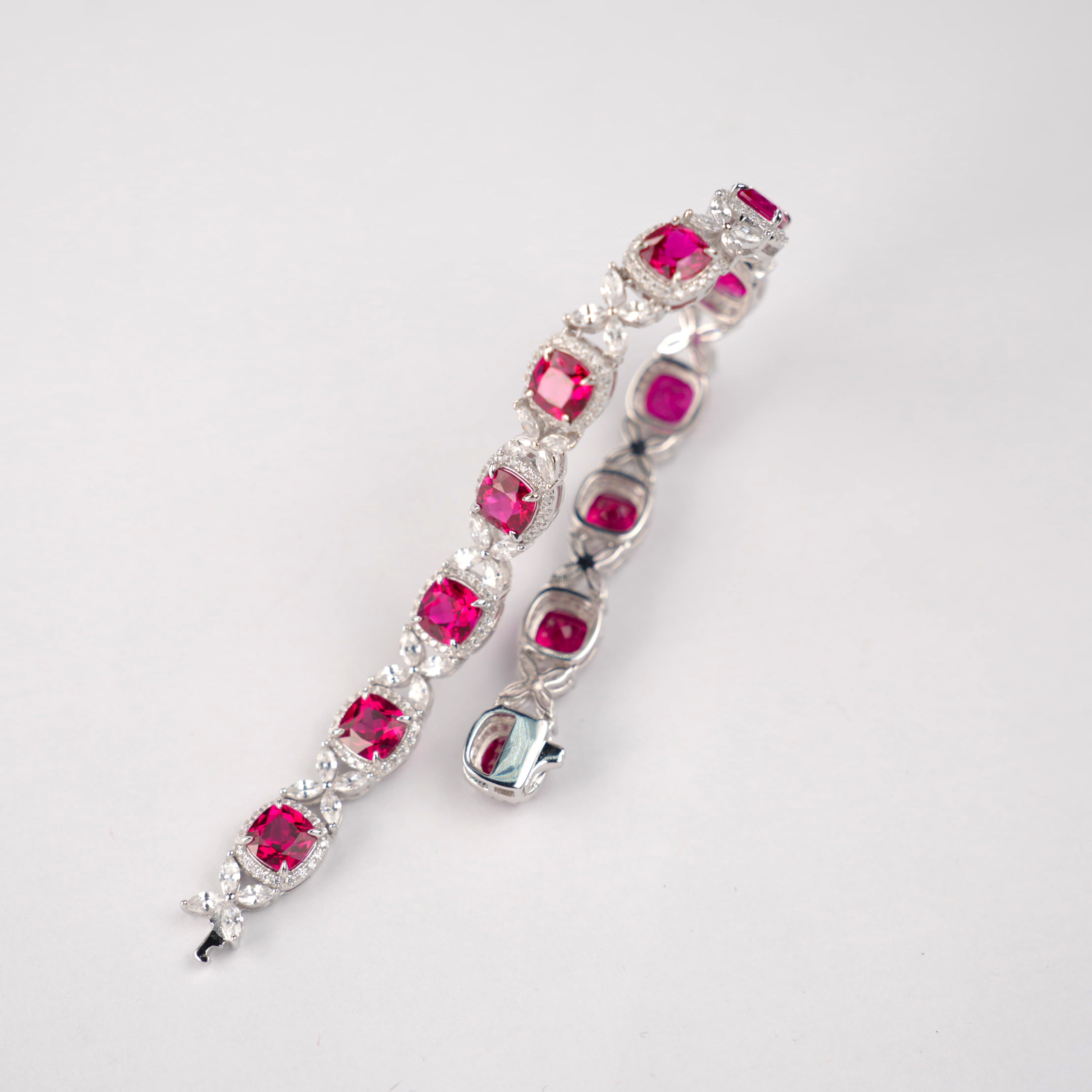 Lab-Grown Ruby - Crimson Diamond Cluster Luxury Bracelet