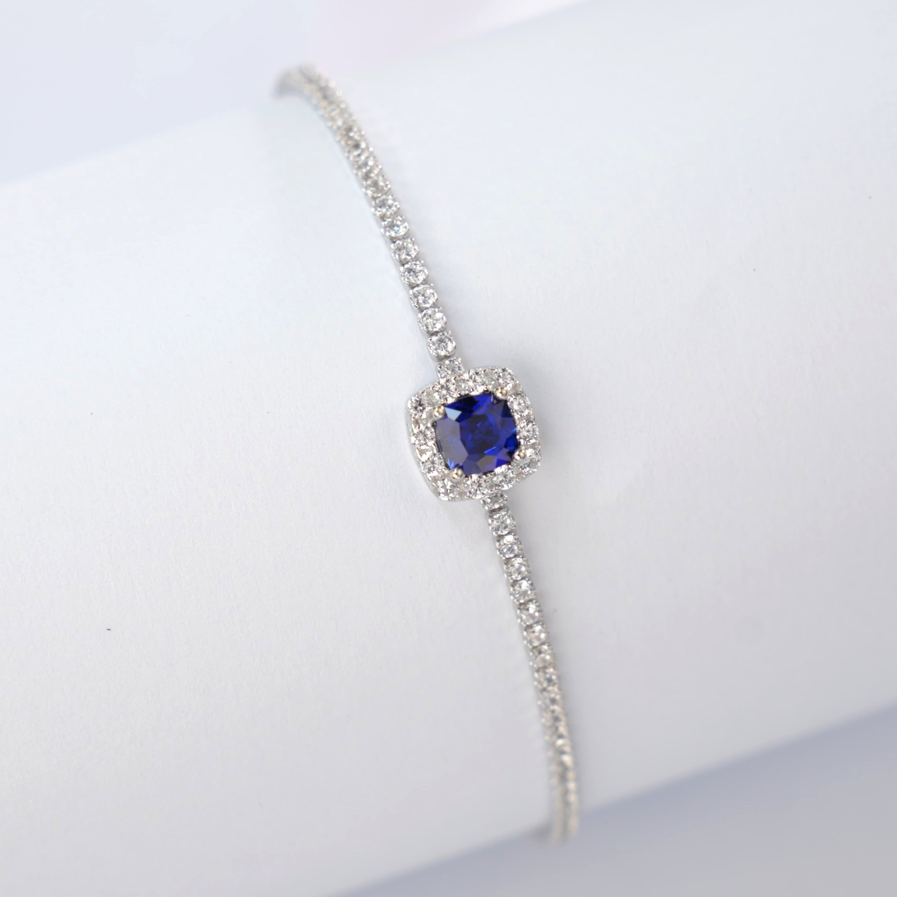 Lab-Grown Sapphire - Square Blue Diamond-Halo Fine Chain Bracelet