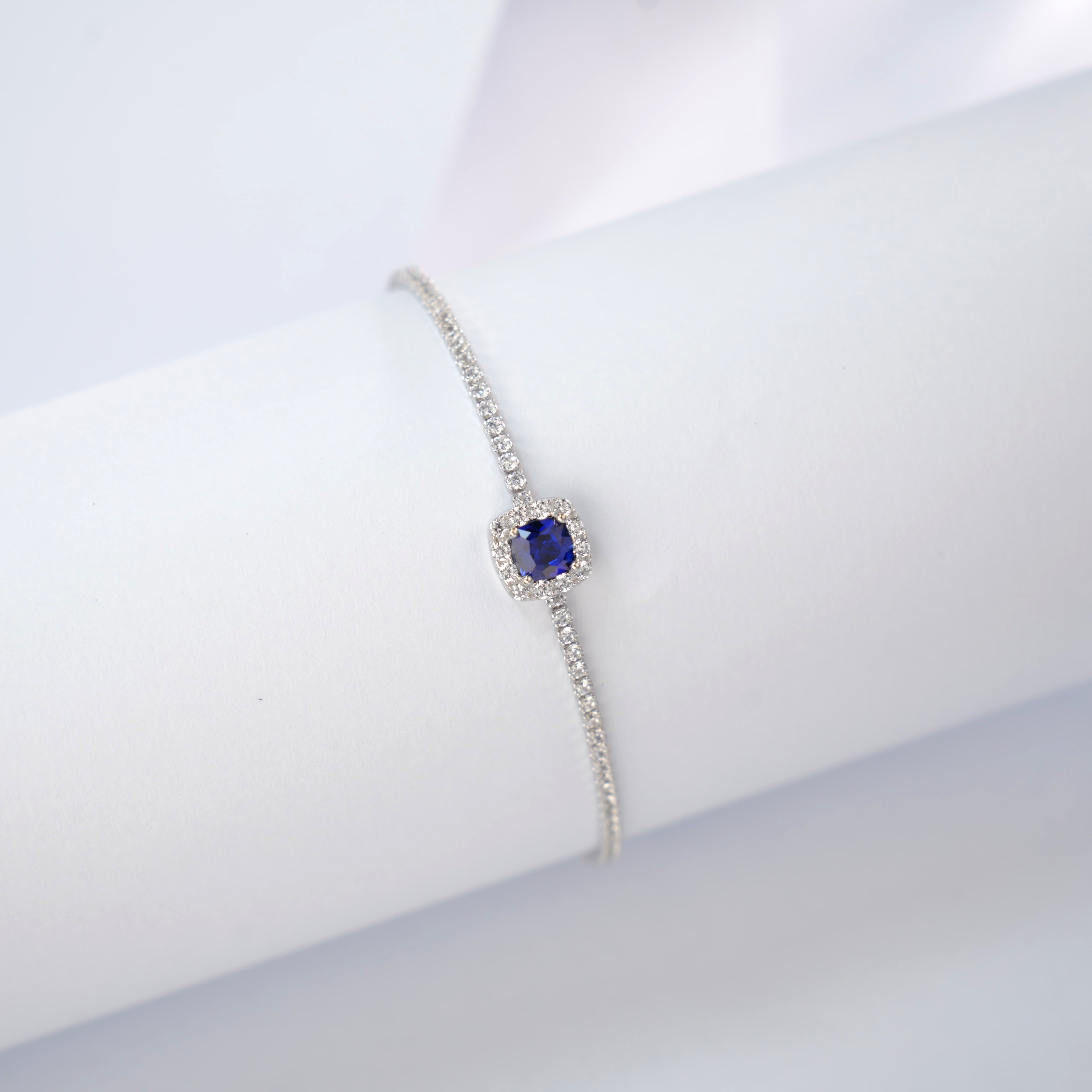 Lab-Grown Sapphire - Square Blue Diamond-Halo Fine Chain Bracelet