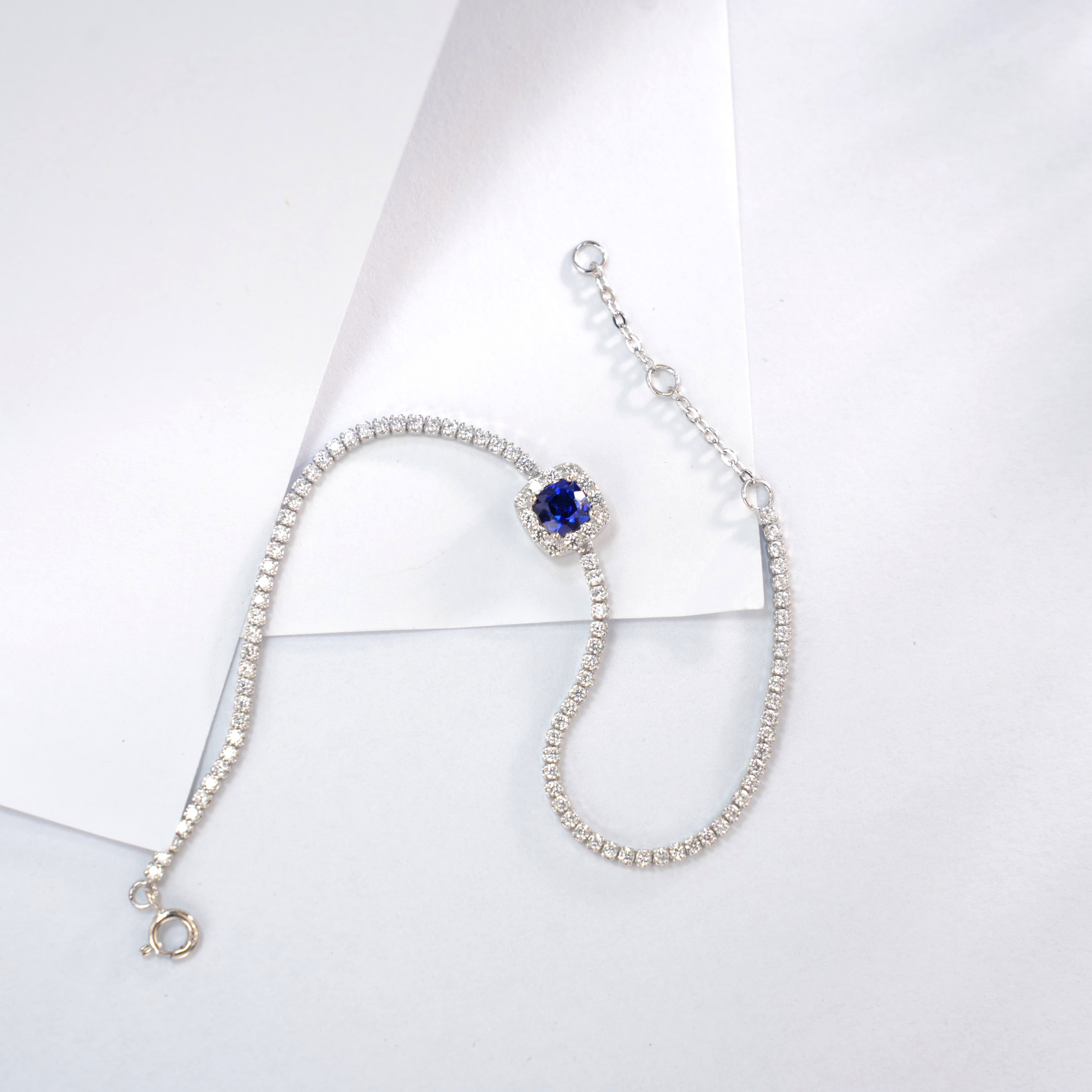 Lab-Grown Sapphire - Square Blue Diamond-Halo Fine Chain Bracelet