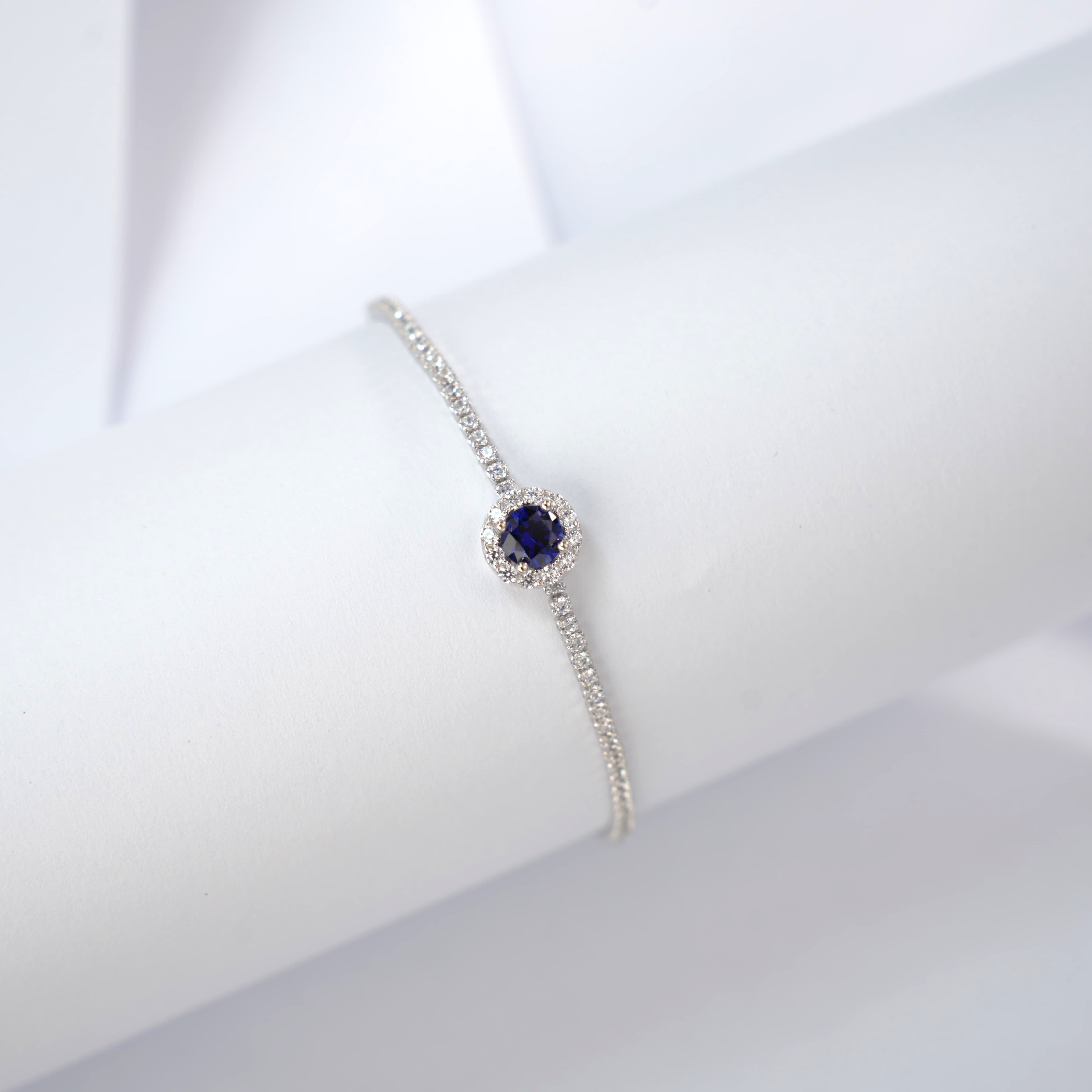 Lab-Grown Sapphire - Round Blue Diamond-Halo Dense Chain Bracelet