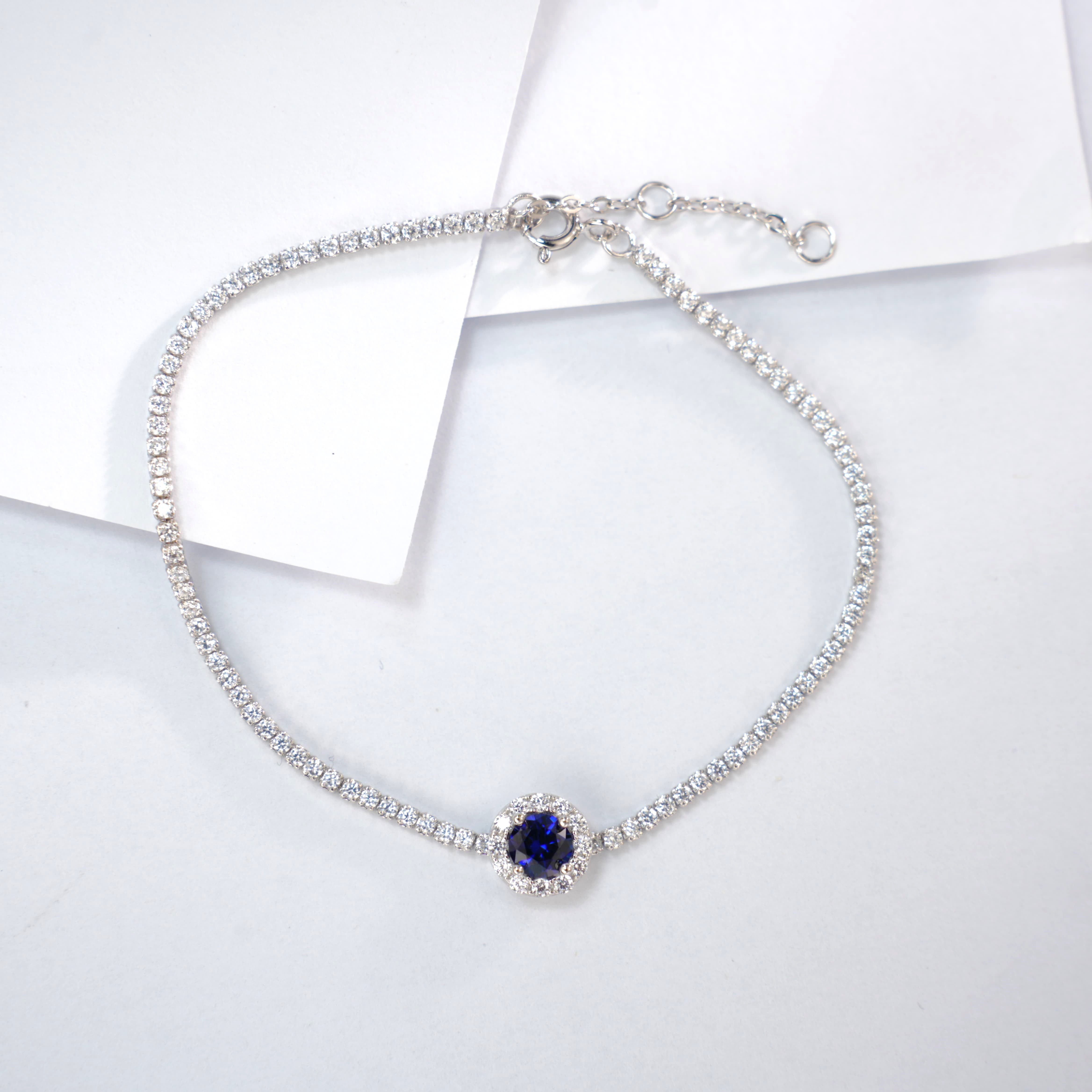 Lab-Grown Sapphire - Round Blue Diamond-Halo Dense Chain Bracelet