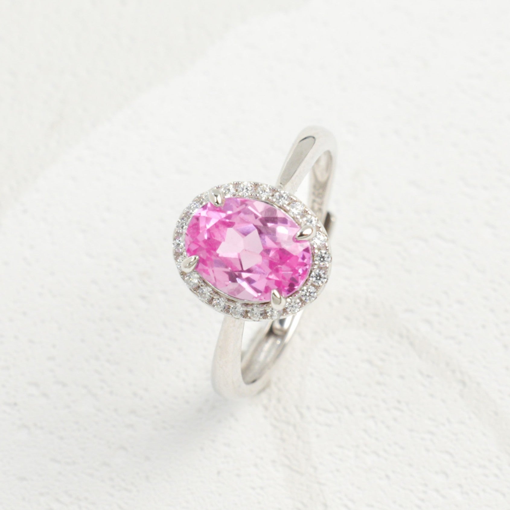 Lab-Grown Padparadscha - Pink Oval Diamond-Halo Soft Ring
