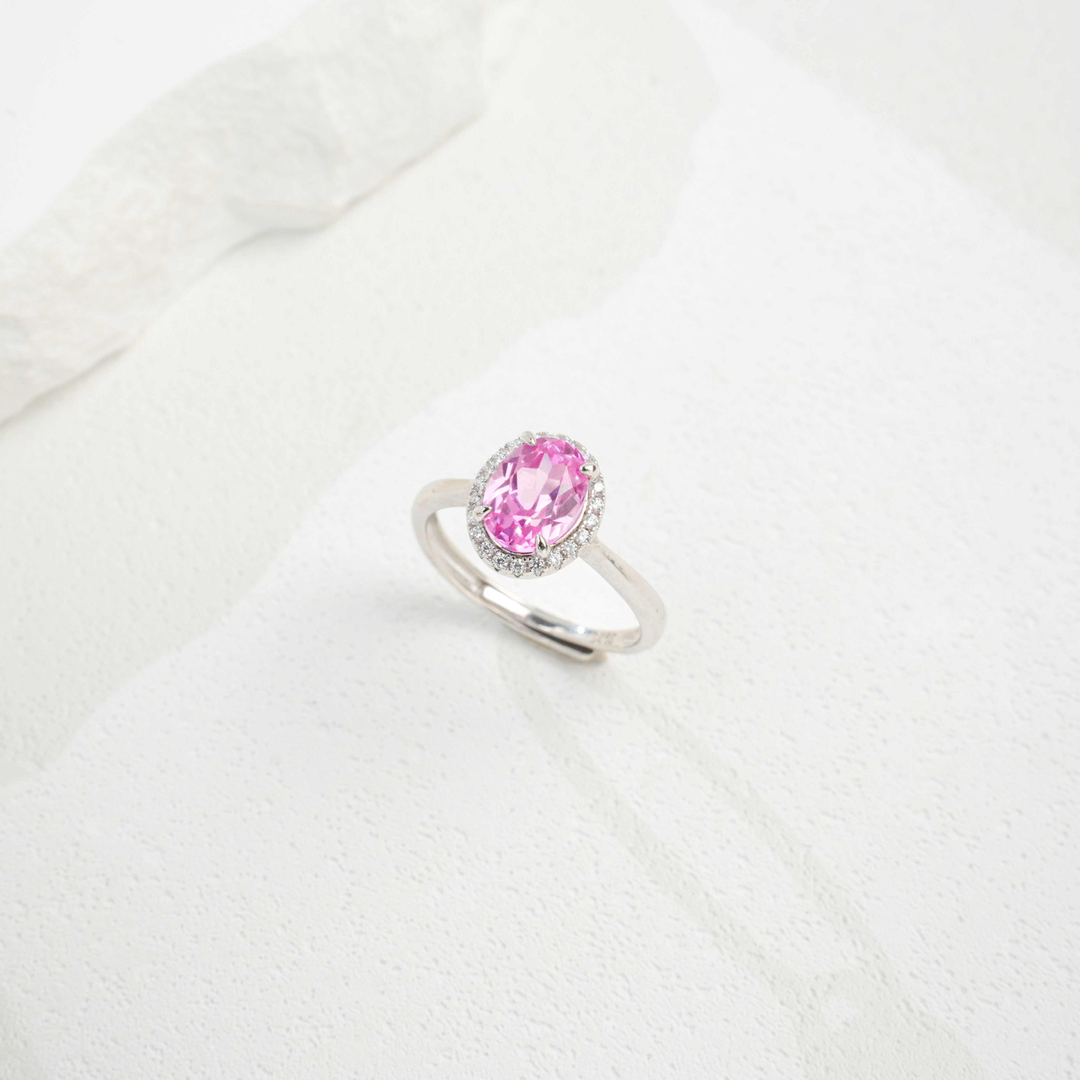 Lab-Grown Padparadscha - Pink Oval Diamond-Halo Soft Ring