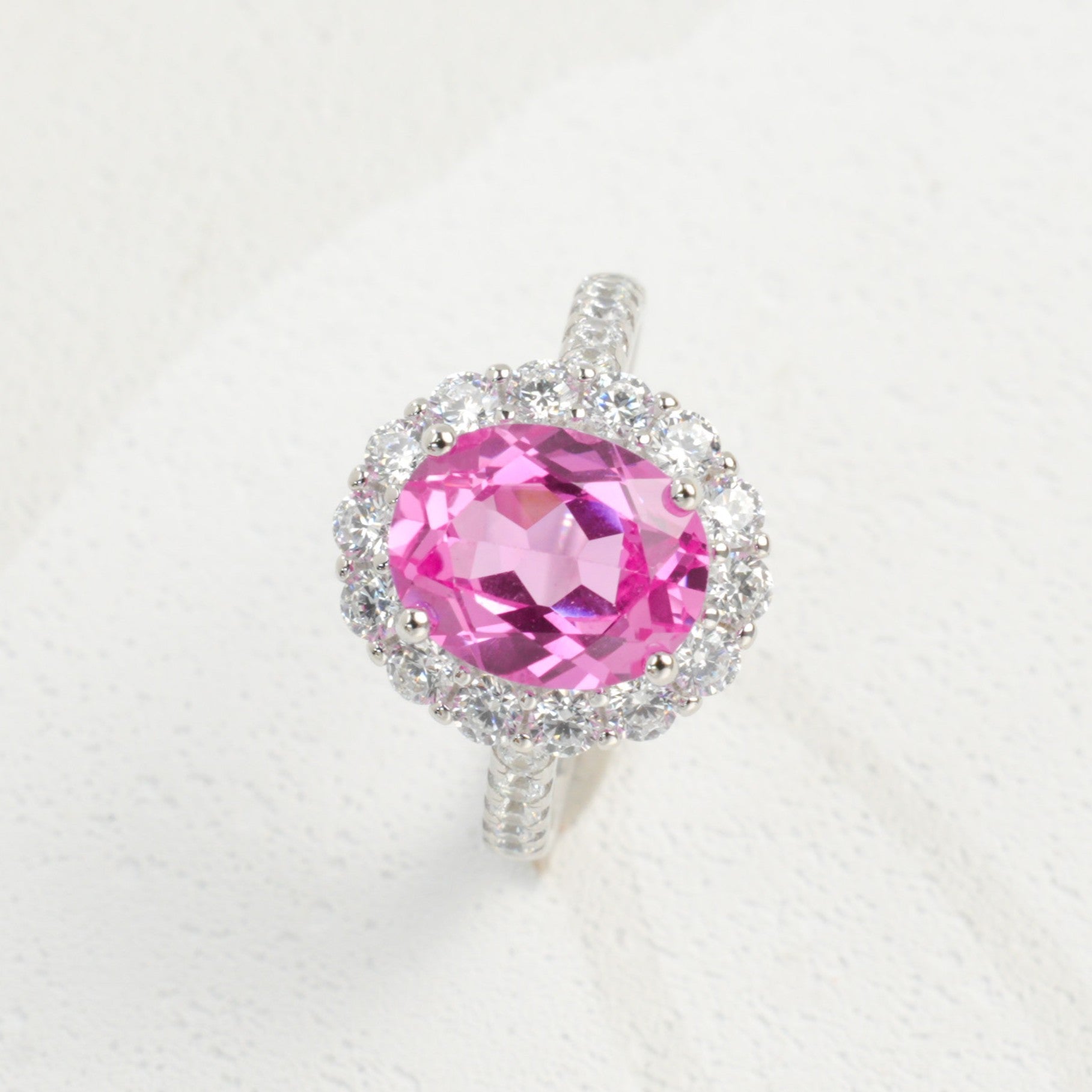 Lab-Grown Padparadscha - Pink Oval Diamond-Halo Soft Ring