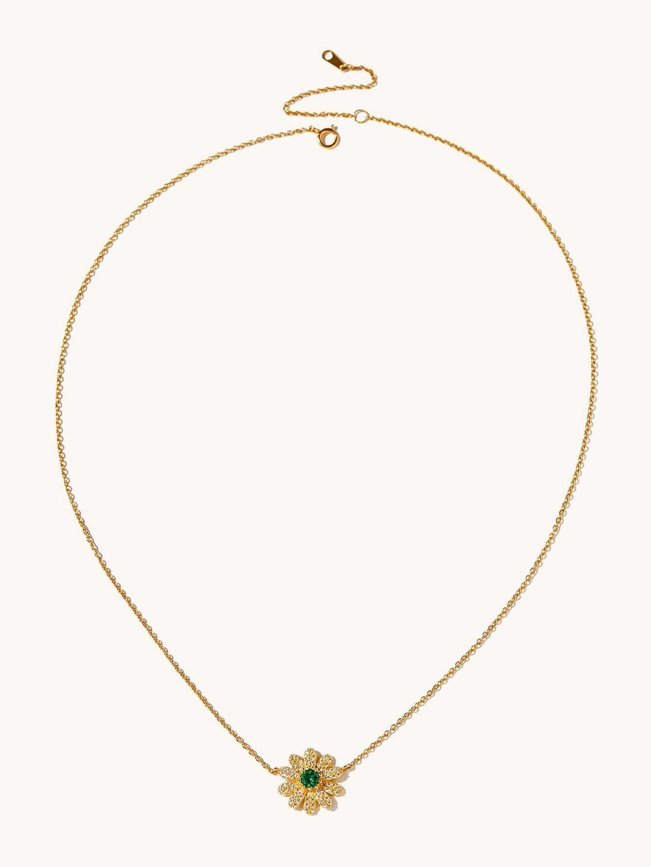 Lab-Grown Emerald - Emerald Pistil Daisy Gold Chain Necklace