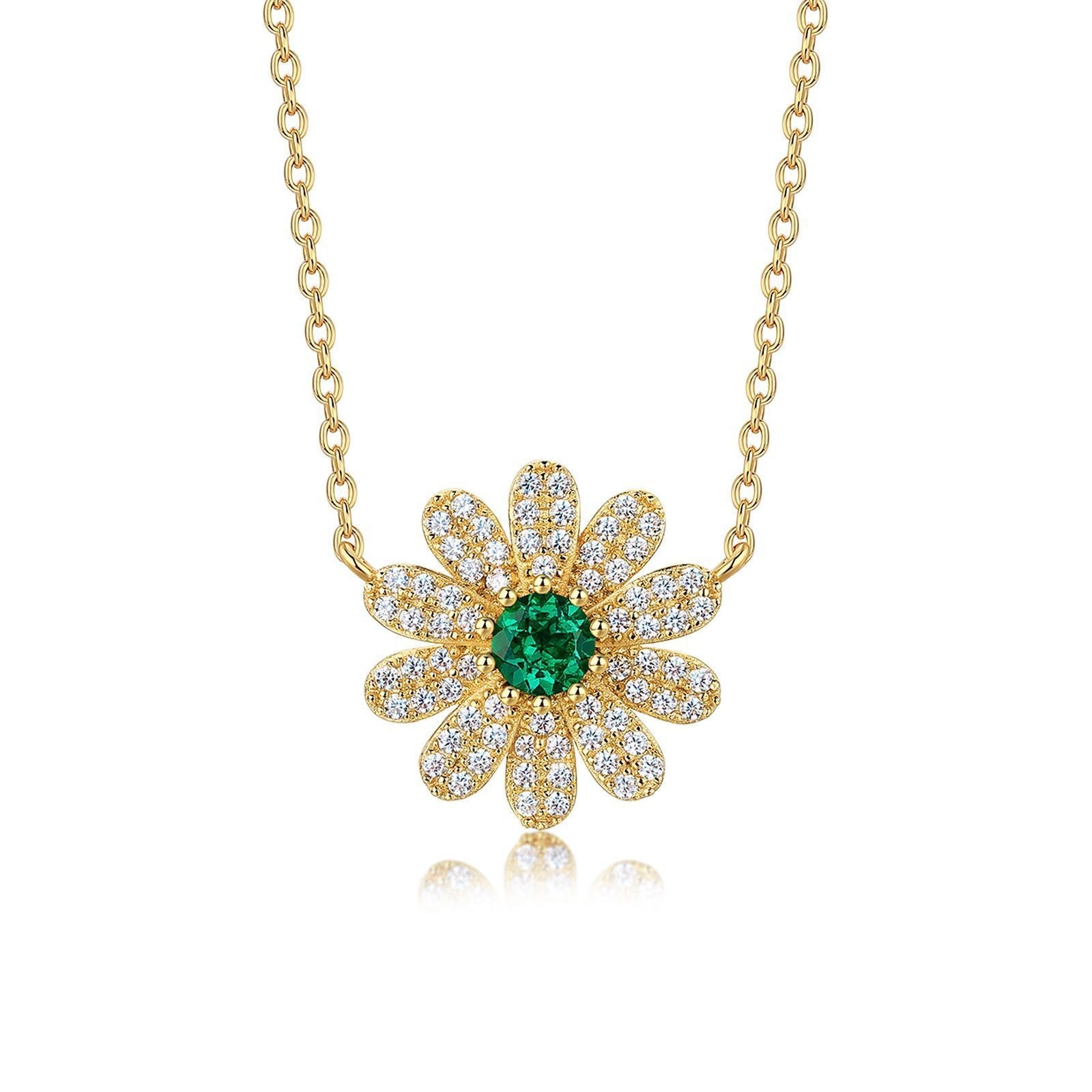 Lab-Grown Emerald - Emerald Pistil Daisy Gold Chain Necklace