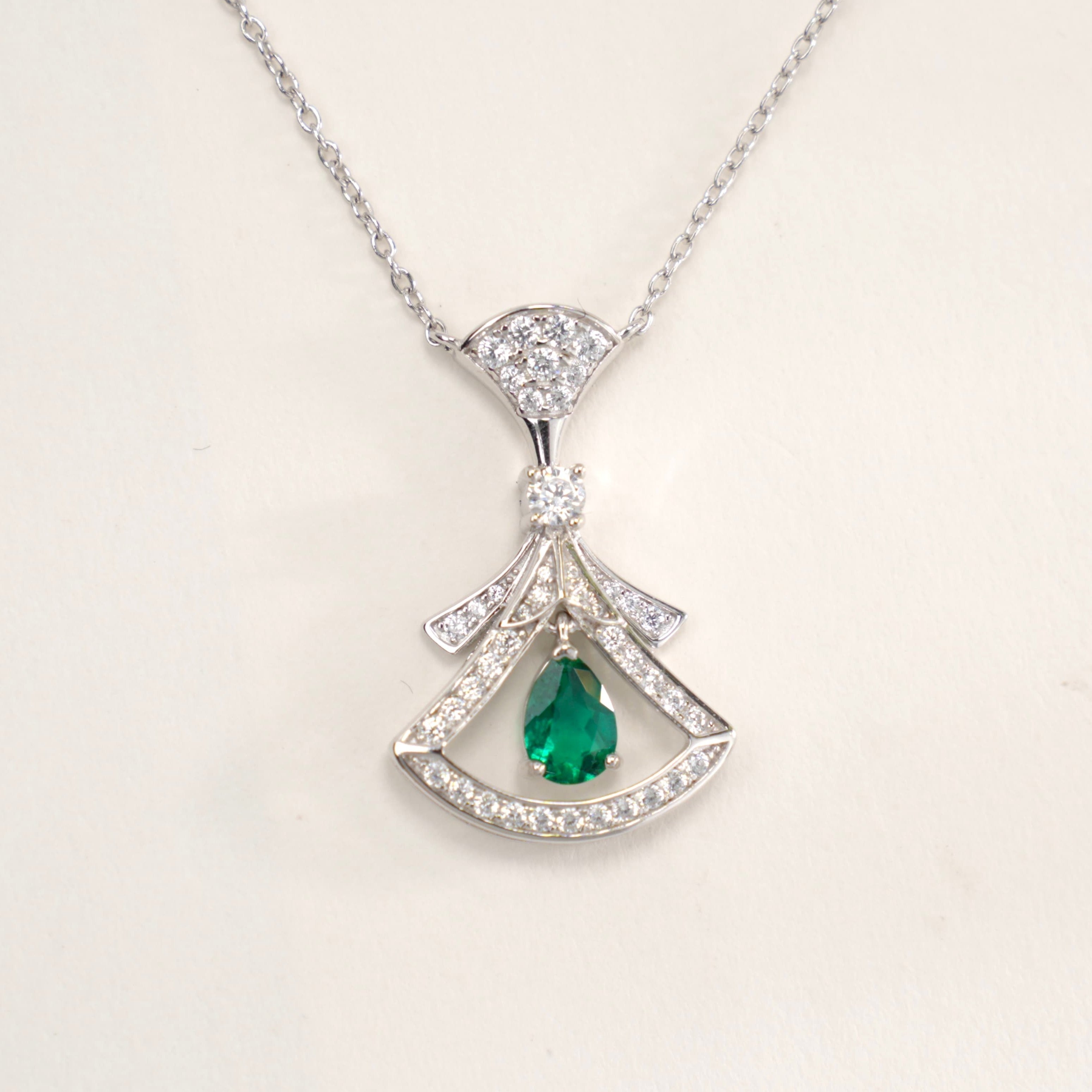 Lab-Grown Emerald - Emerald Fan Diamond-Encrusted Floating Pendant