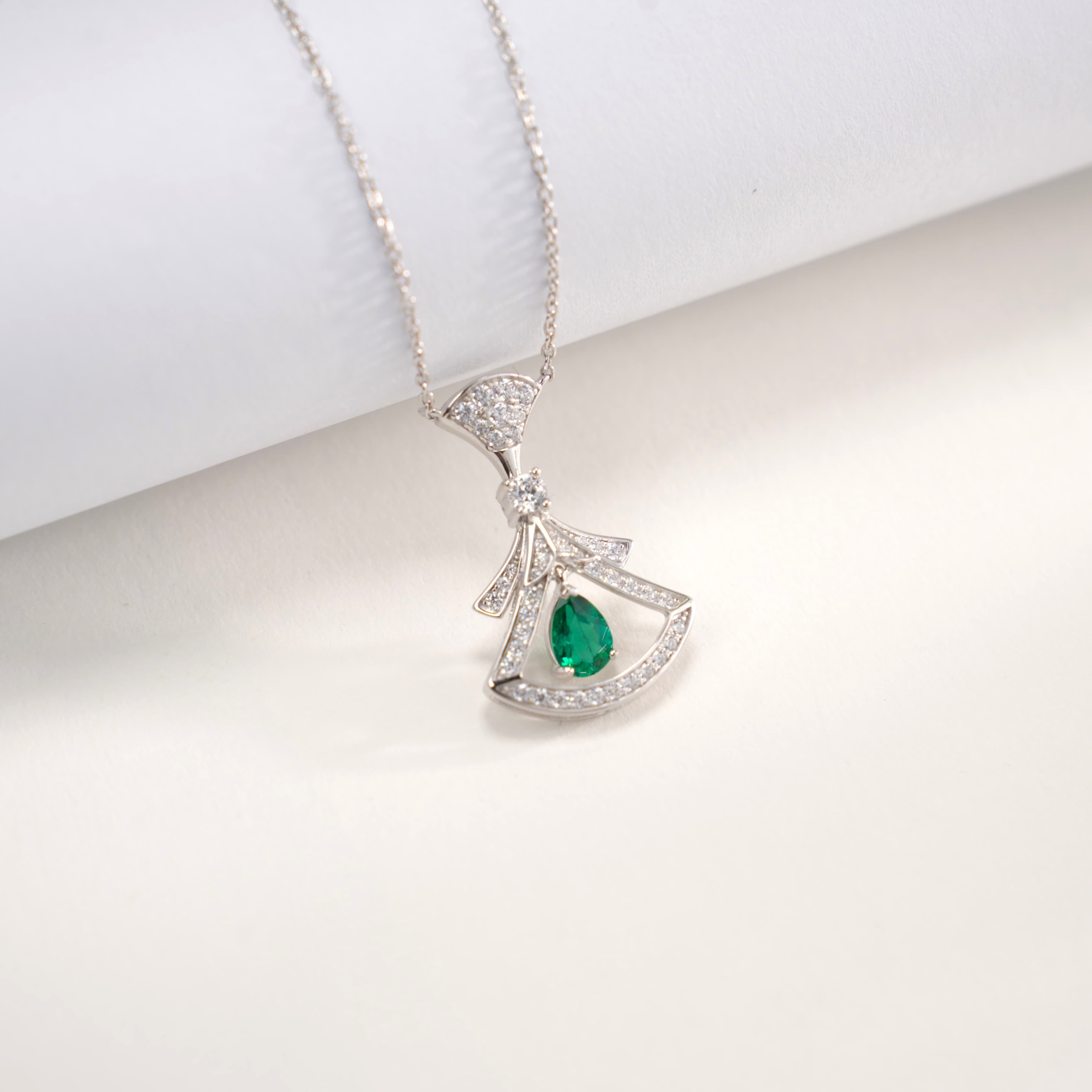 Lab-Grown Emerald - Emerald Fan Diamond-Encrusted Floating Pendant