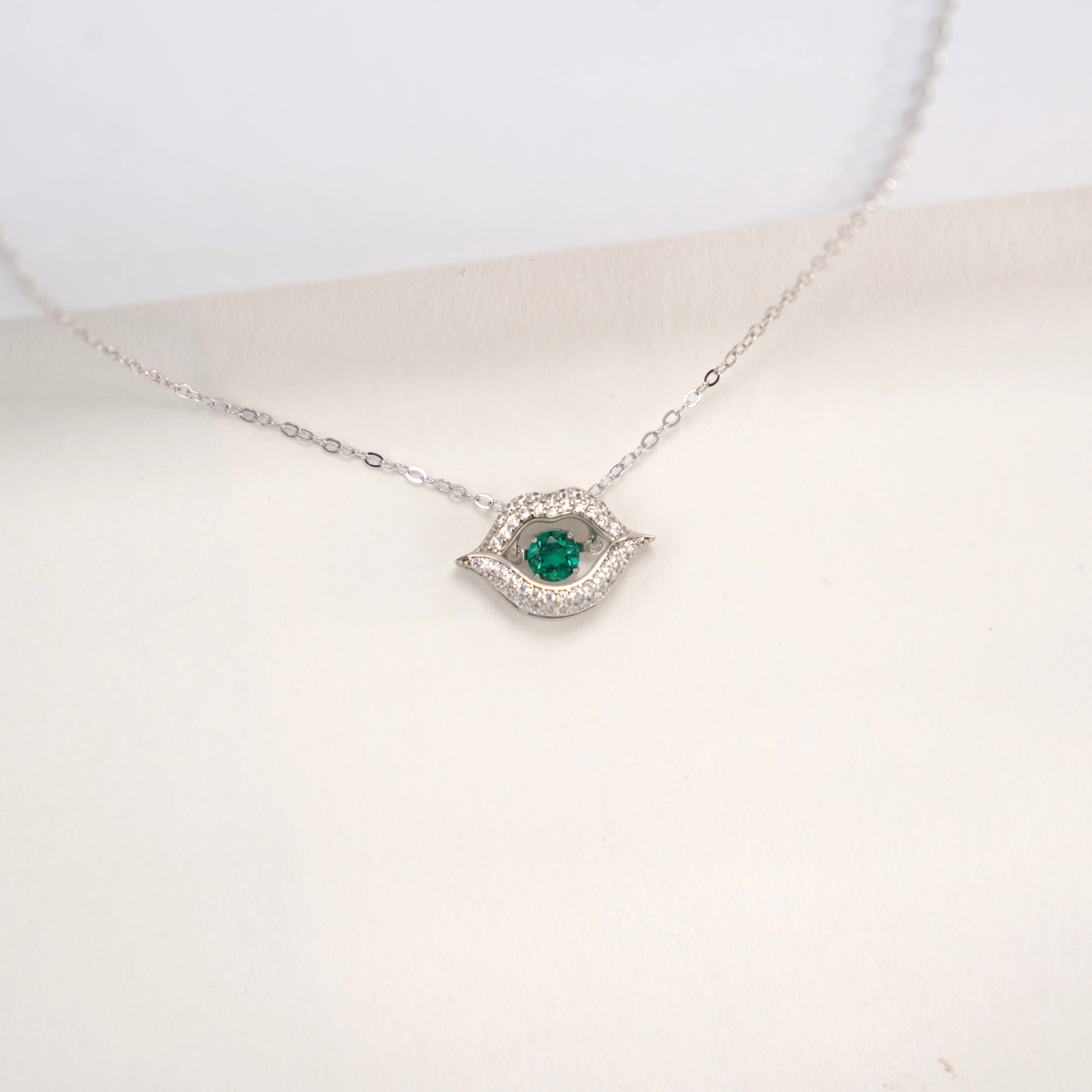 Lab-Grown Emerald - Emerald Eye Diamond-Encrusted Red Lip Pendant