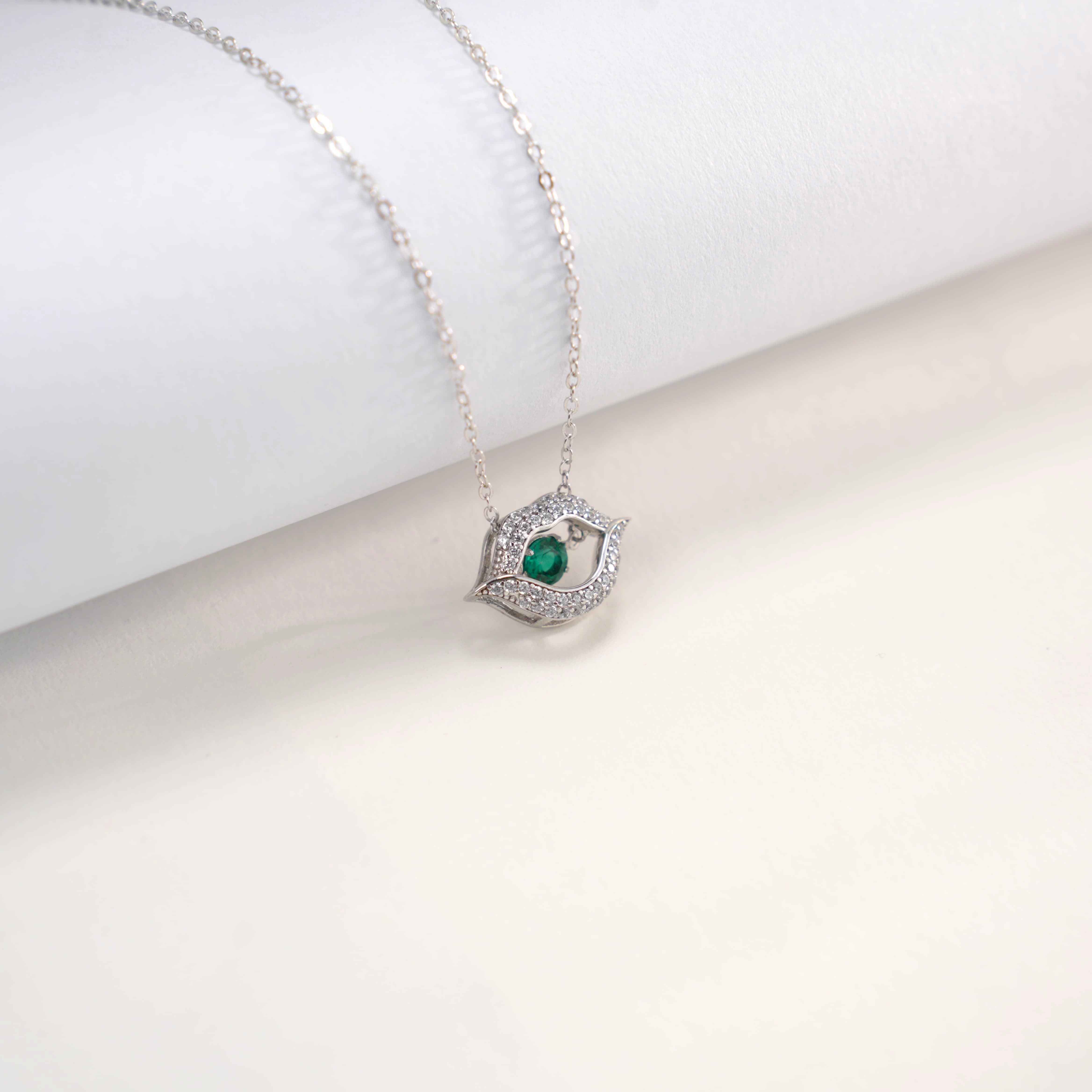 Lab-Grown Emerald - Emerald Eye Diamond-Encrusted Red Lip Pendant